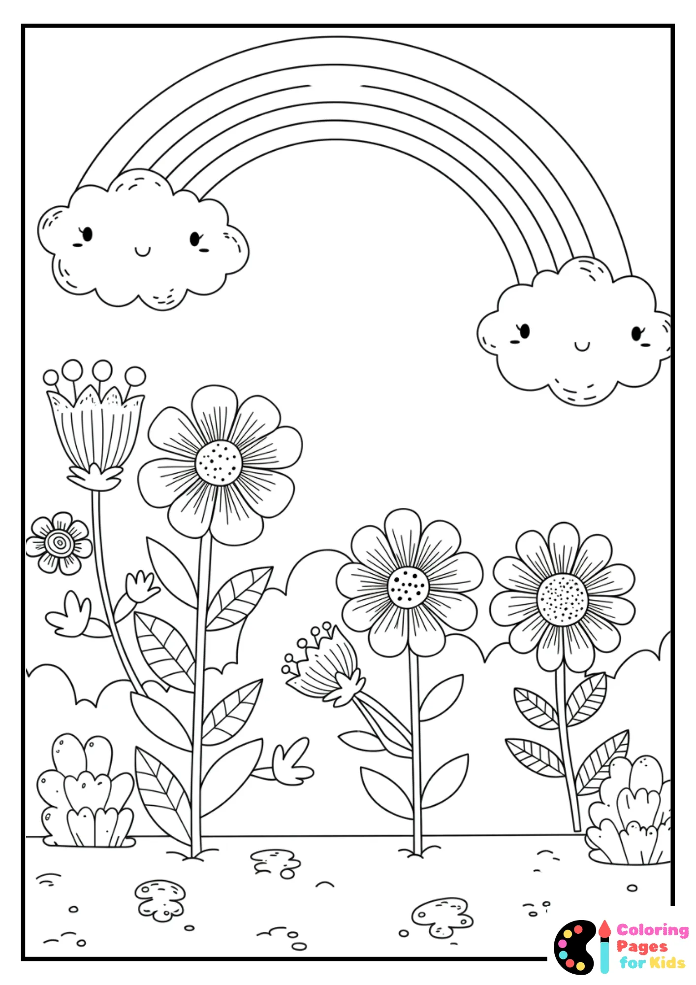 flowers and rainbow coloring page