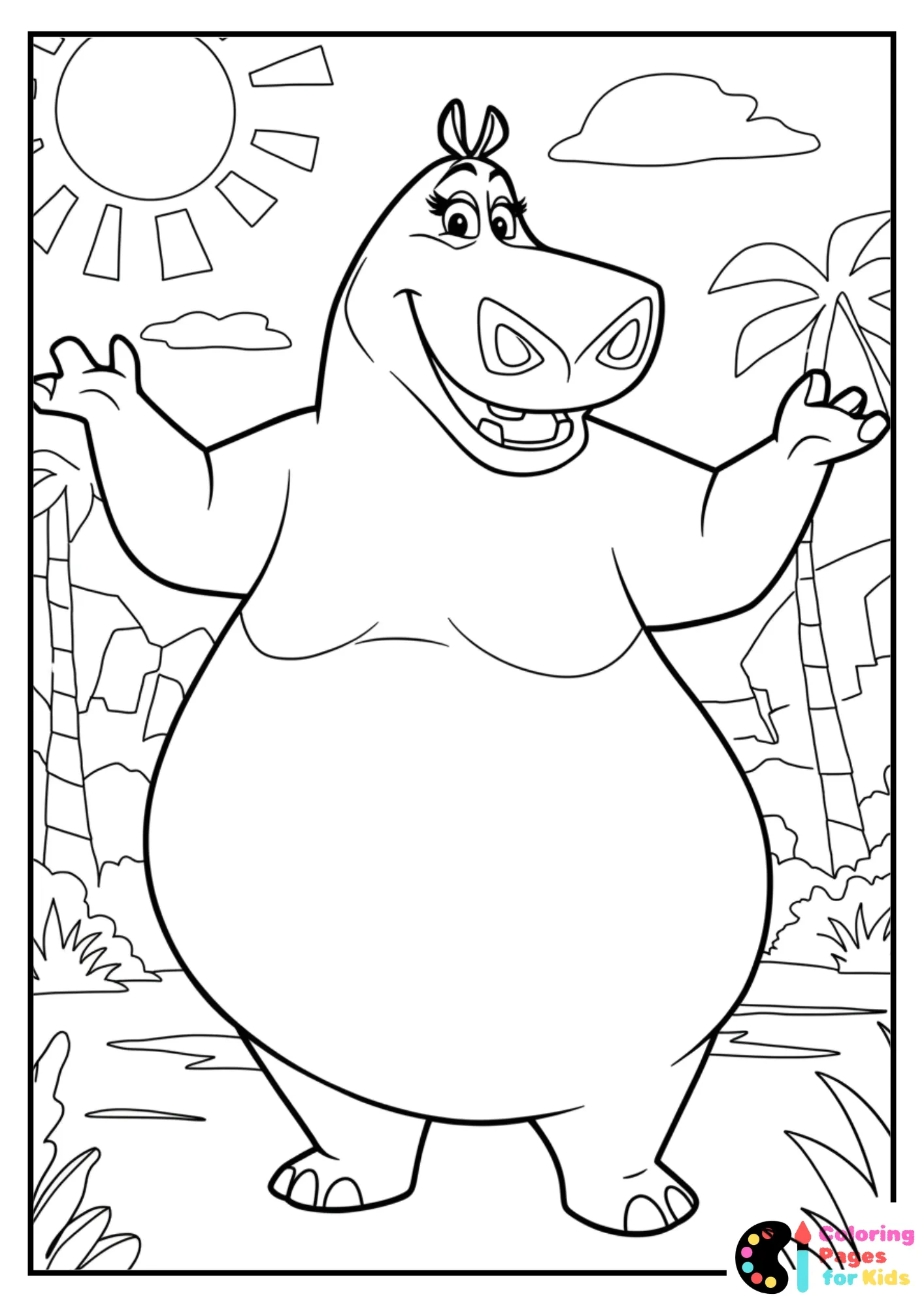 Hippo Coloring Pages for Kids (Free PDF Printable) 12 gloria hippo from madagascar coloring page