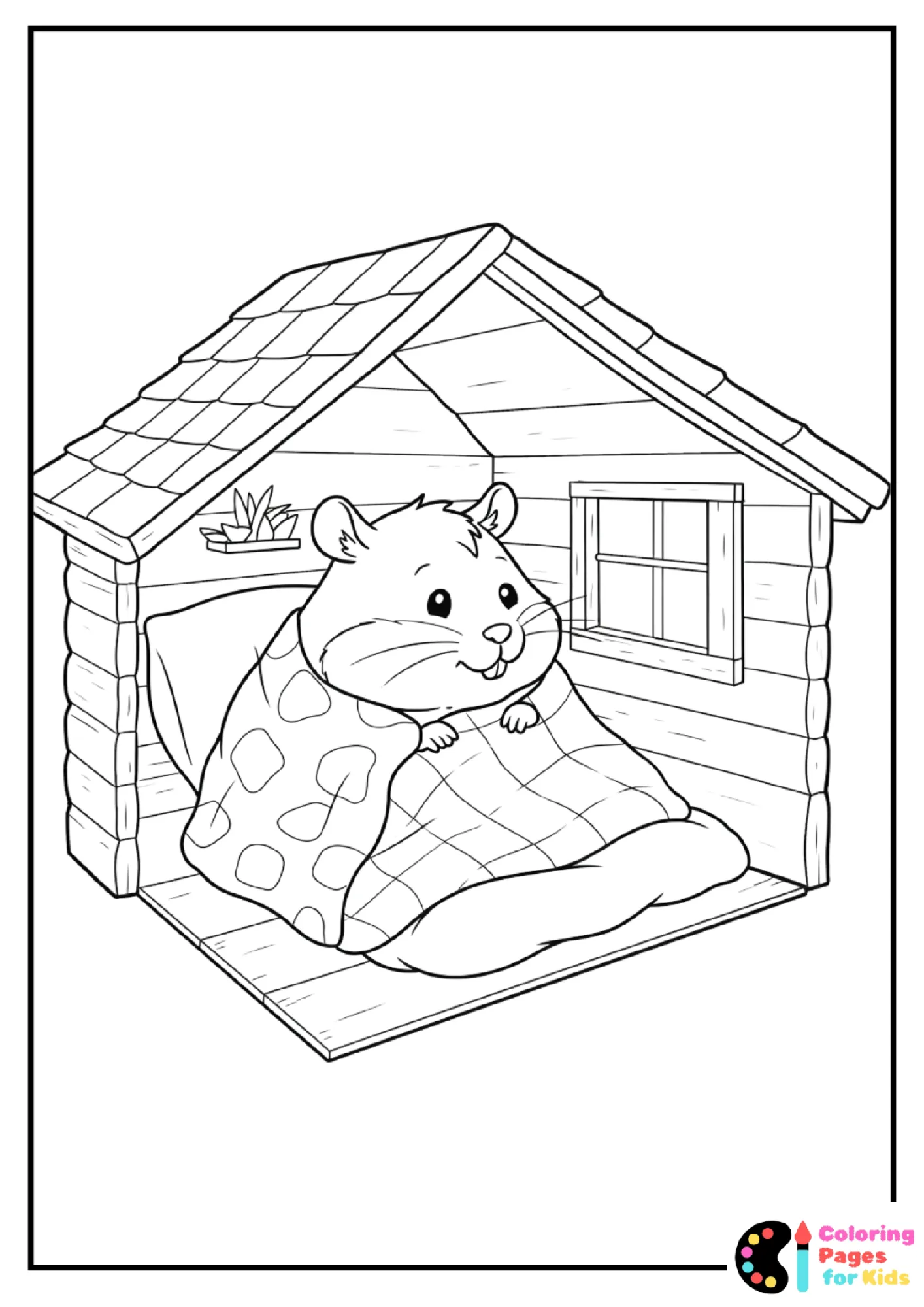 hamster in blanket cabin coloring page