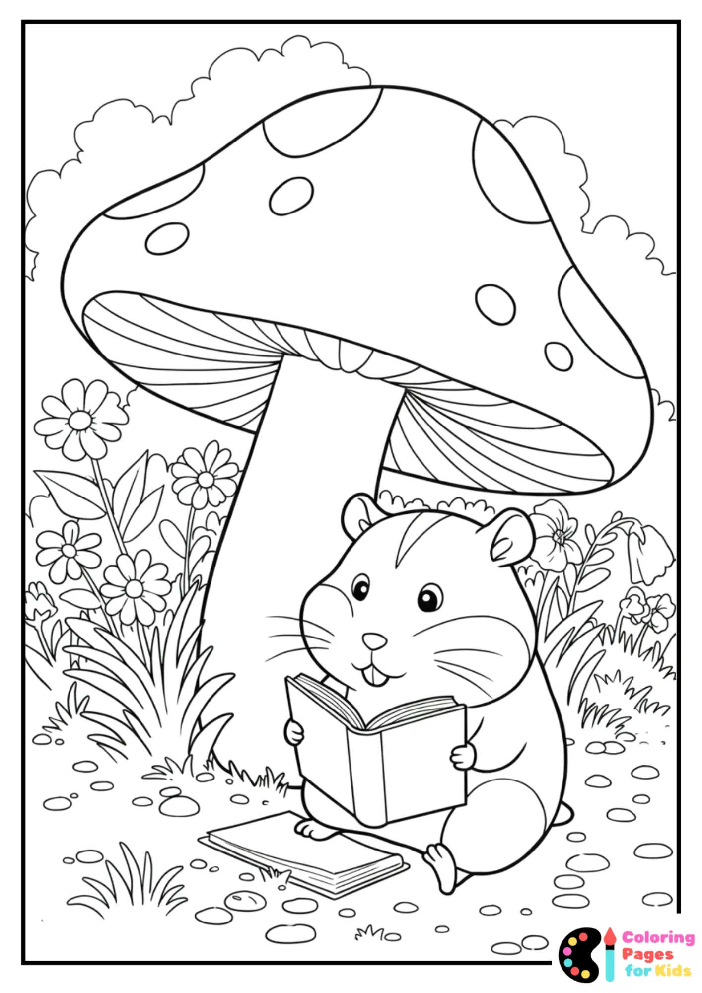 hamster reading under mushroom coloring page