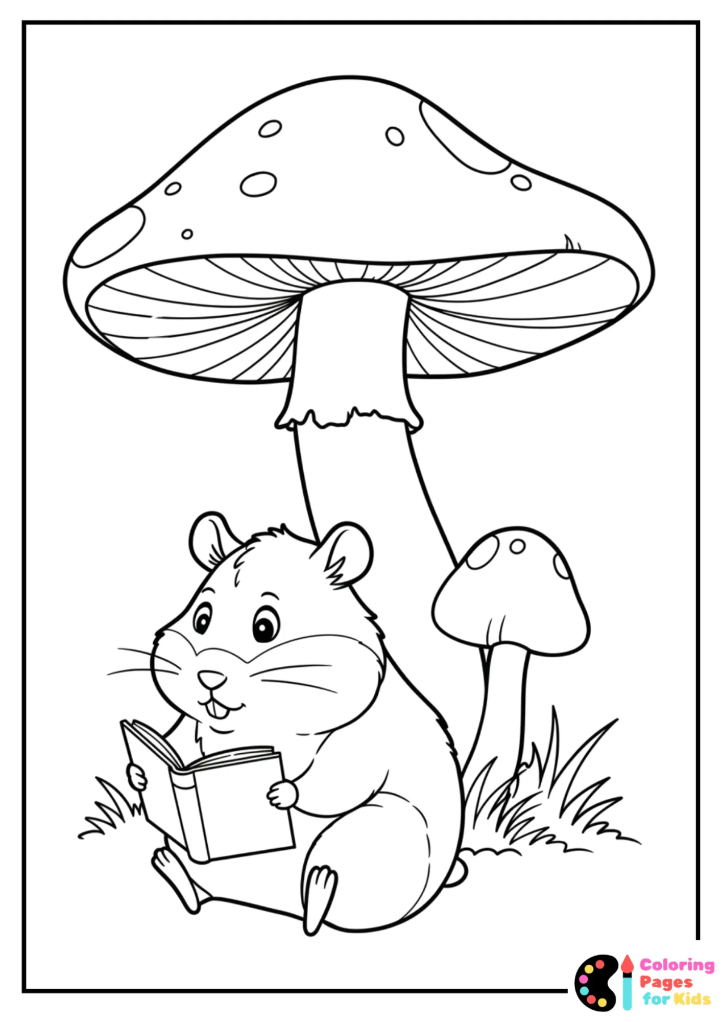 hamster reading under mushroom coloring sheet