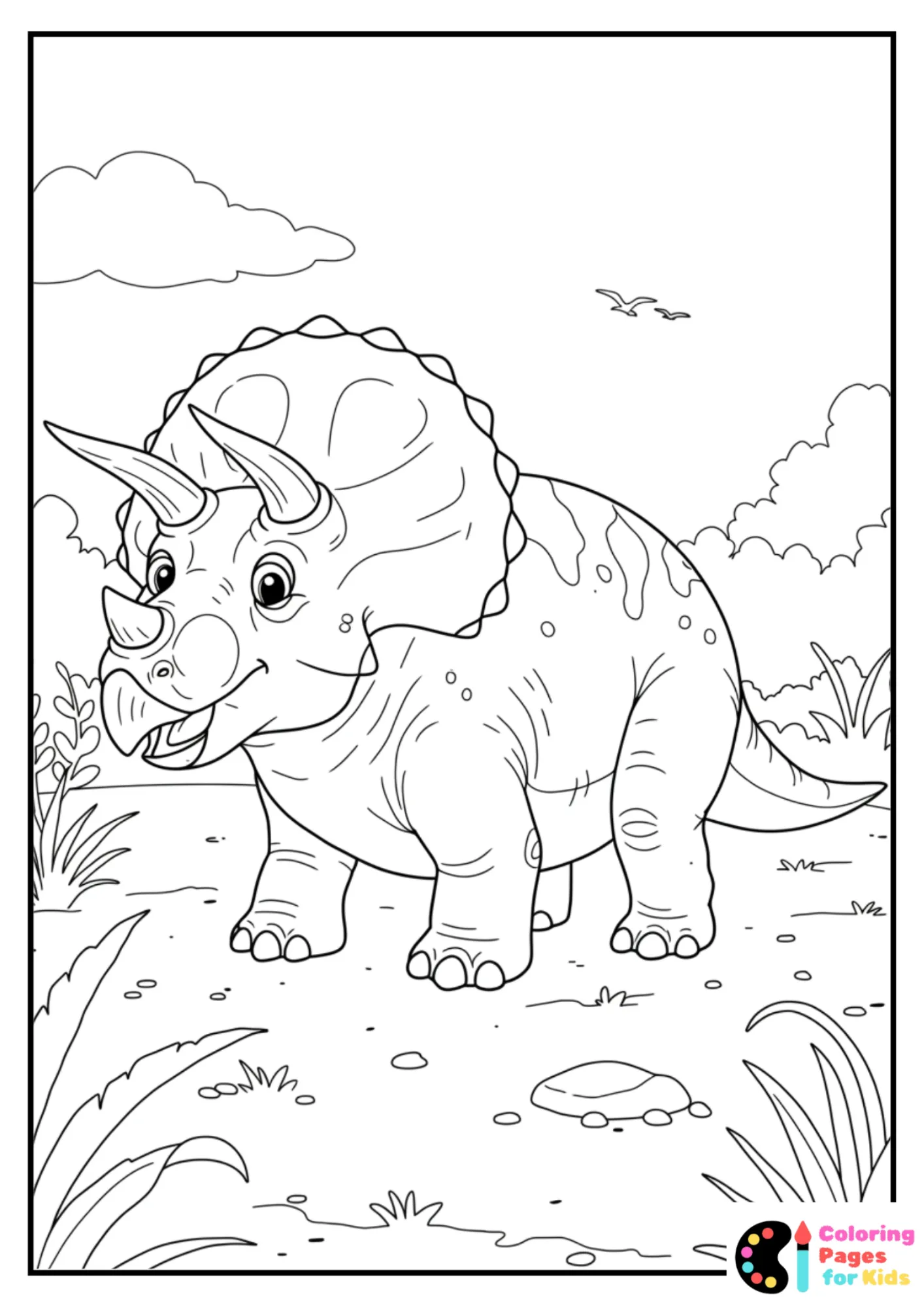 happy triceratops in field coloring page