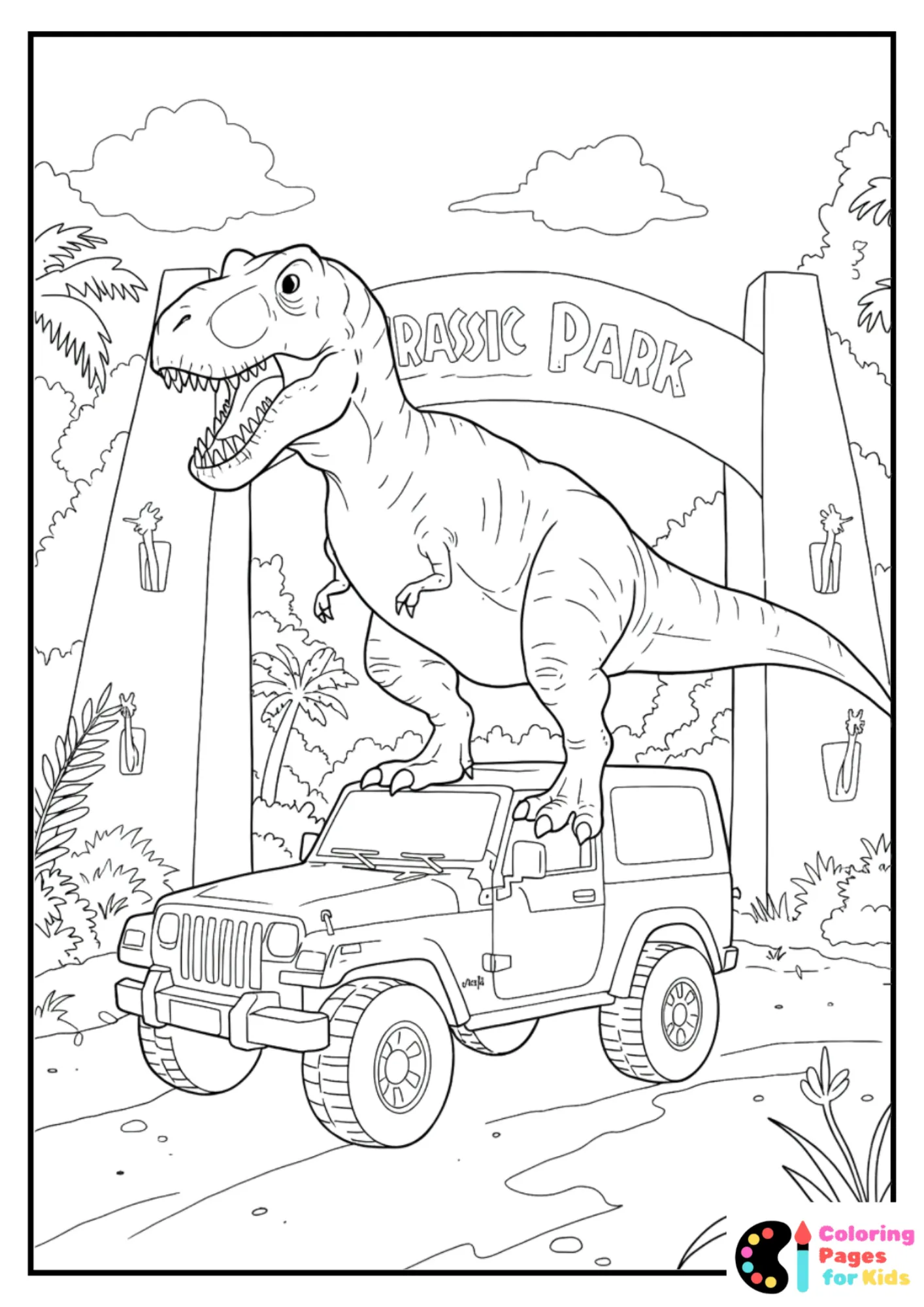 jurassic park t-rex on jeep coloring sheet