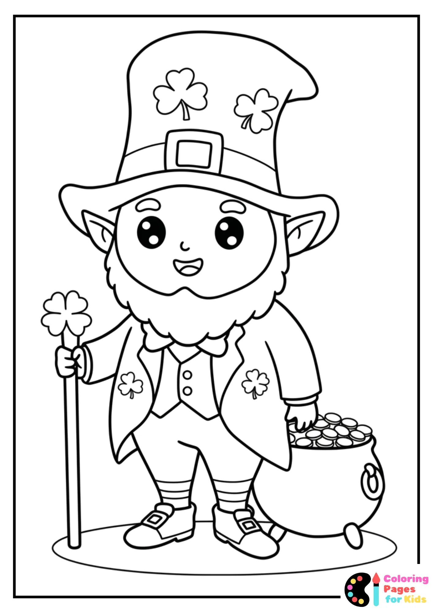 kawaii leprechaun with cane coloring page