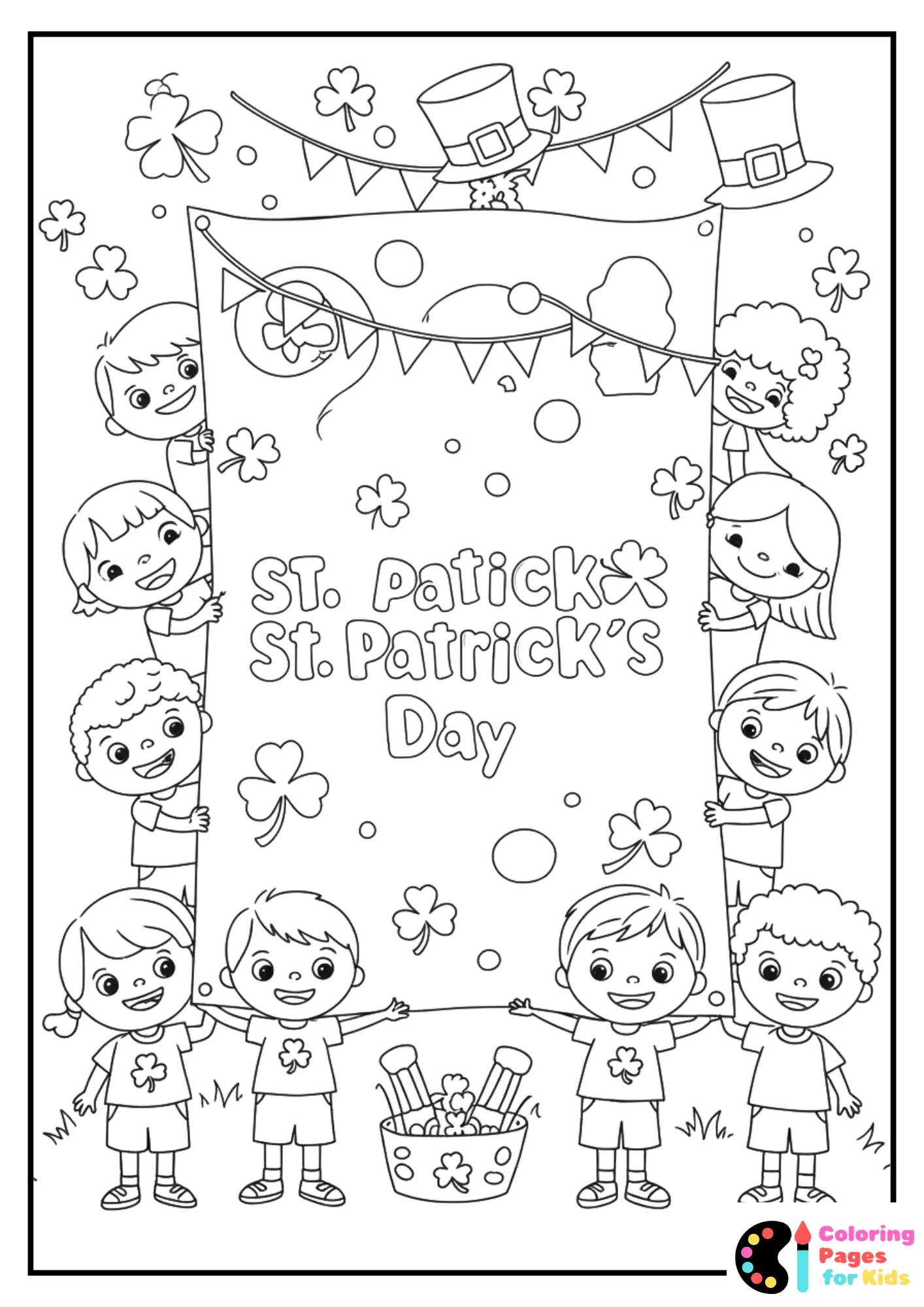 kids with st patrick’s banner coloring sheet