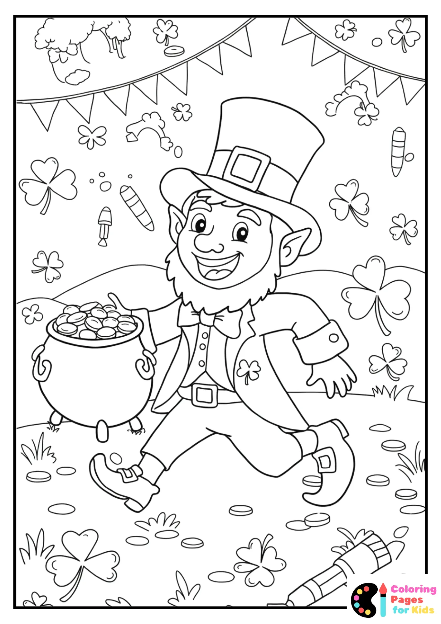 leprechaun running with pot of gold coloring page