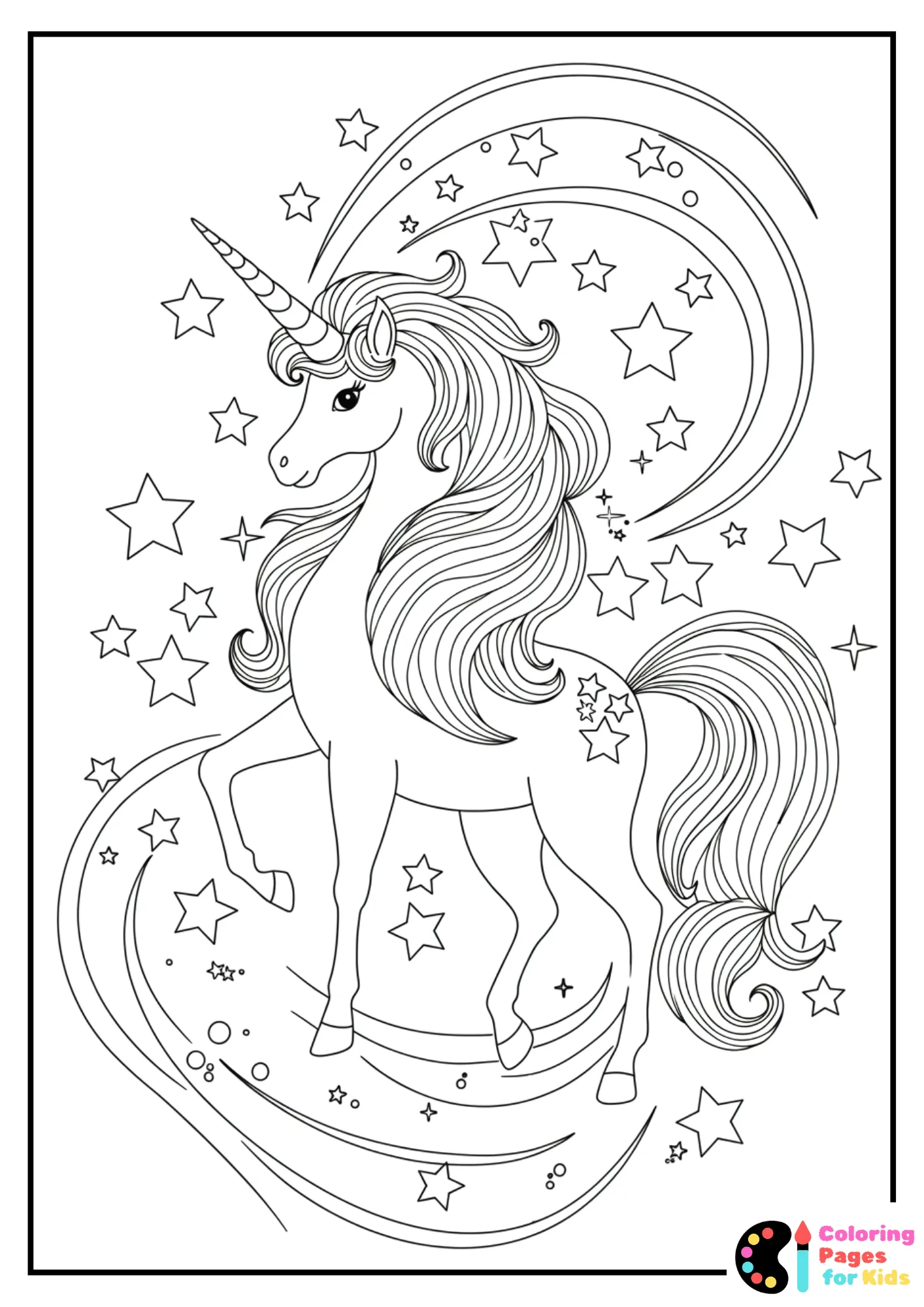 magical unicorn with stars coloring page