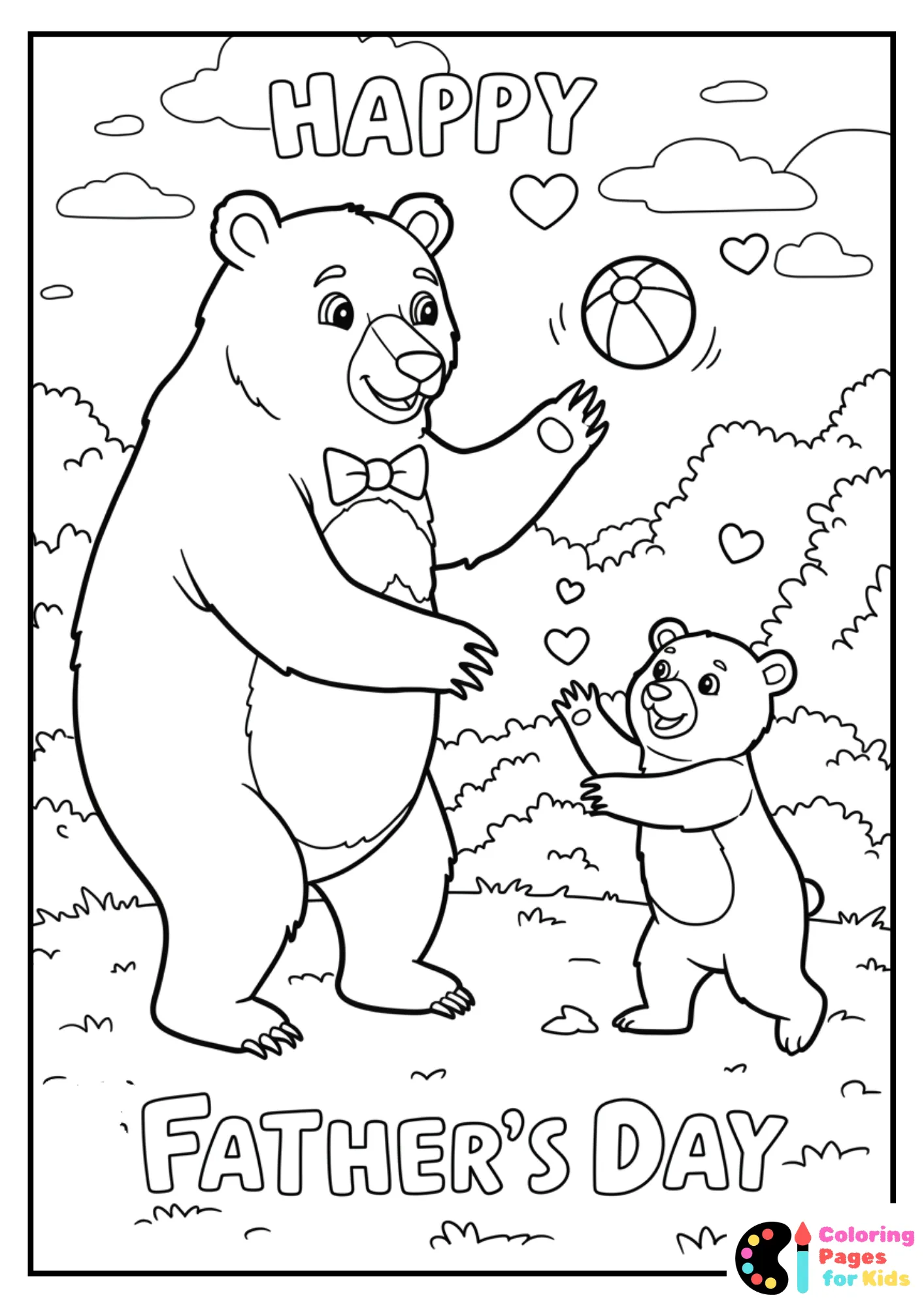 papa bear playing ball with cub coloring page