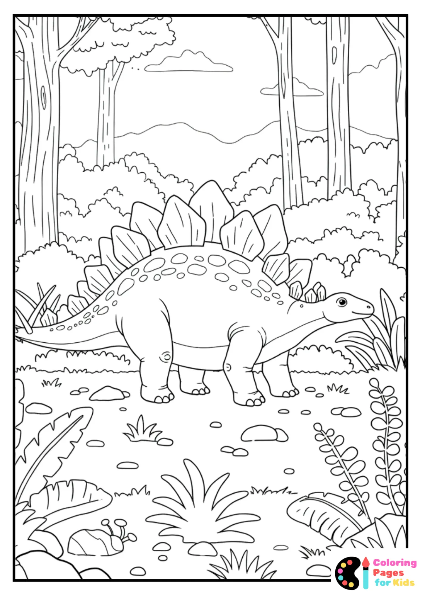 realistic stegosaurus in forest coloring page