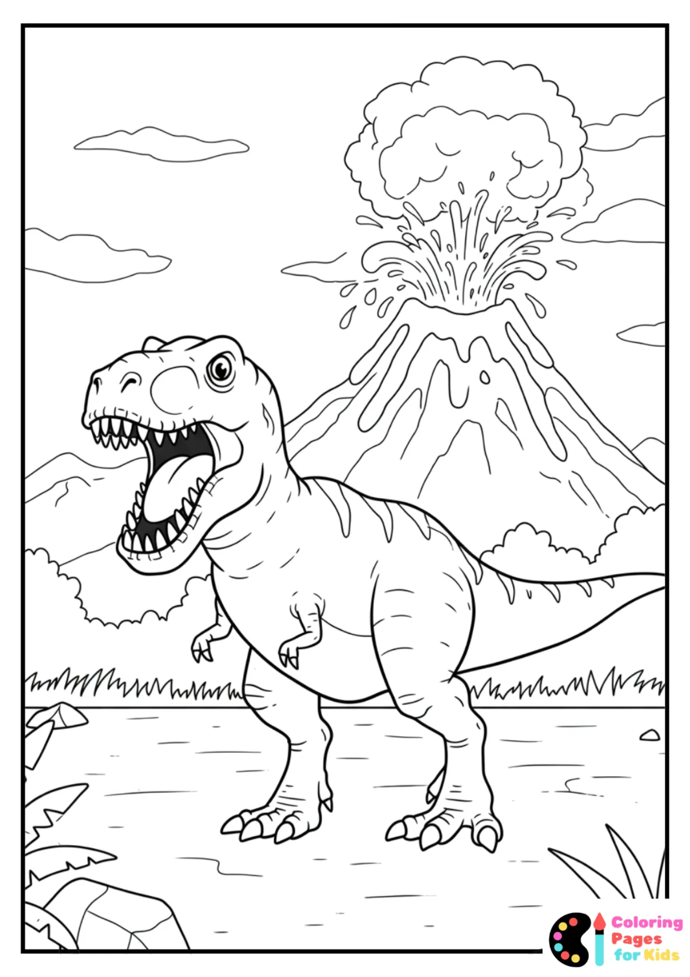 roaring t-rex with volcano coloring page