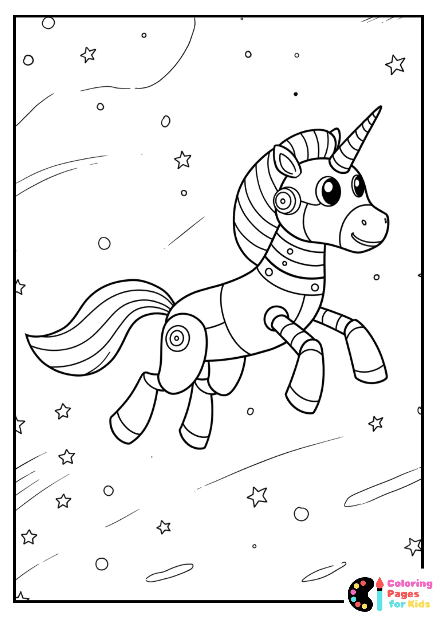 robot unicorn in space coloring page