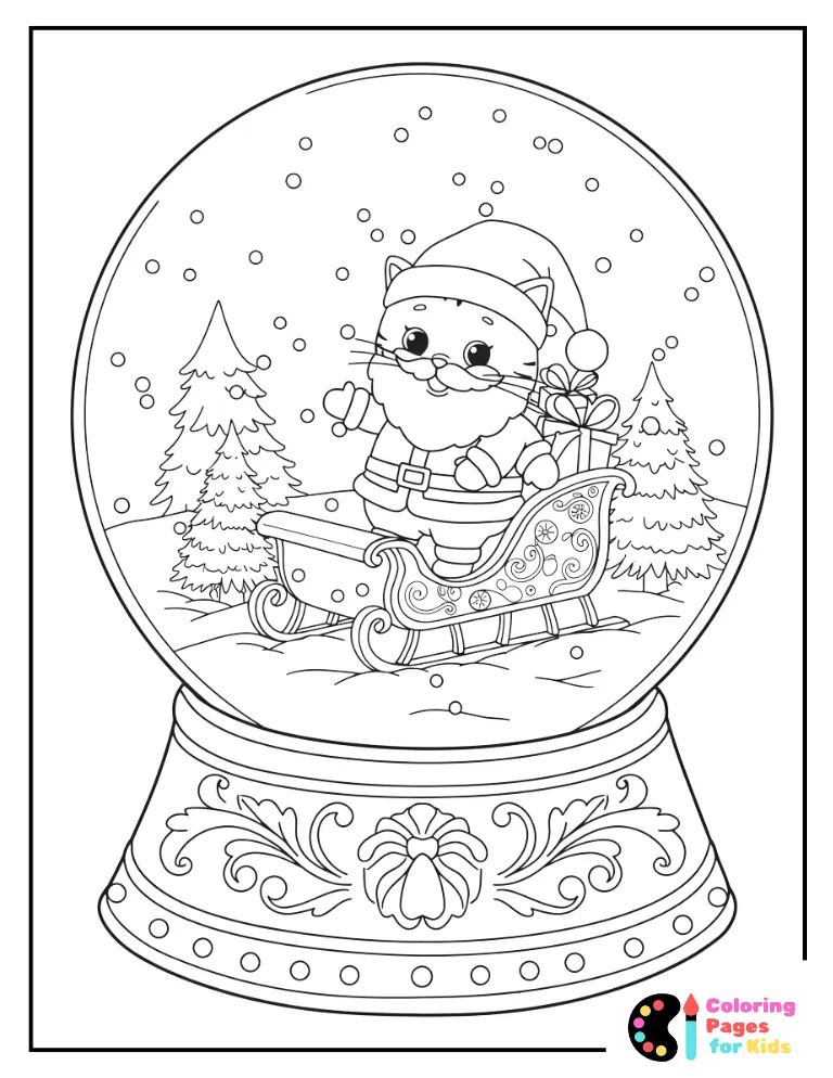 Snow Globe Coloring Pages for Kids (Free PDF Printable) 10 santa cat on sleigh snow globe page