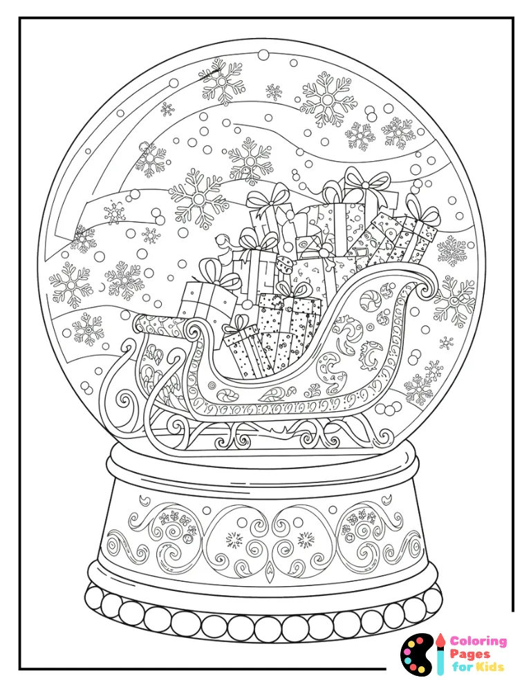 Snow Globe Coloring Pages for Kids (Free PDF Printable) 9 sleigh with presents snow globe page