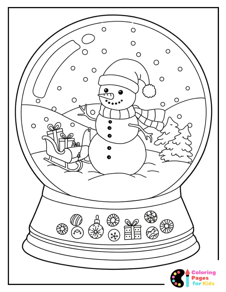 Snow Globe Coloring Pages for Kids (Free PDF Printable) 6 snowman with santa hat snow globe page