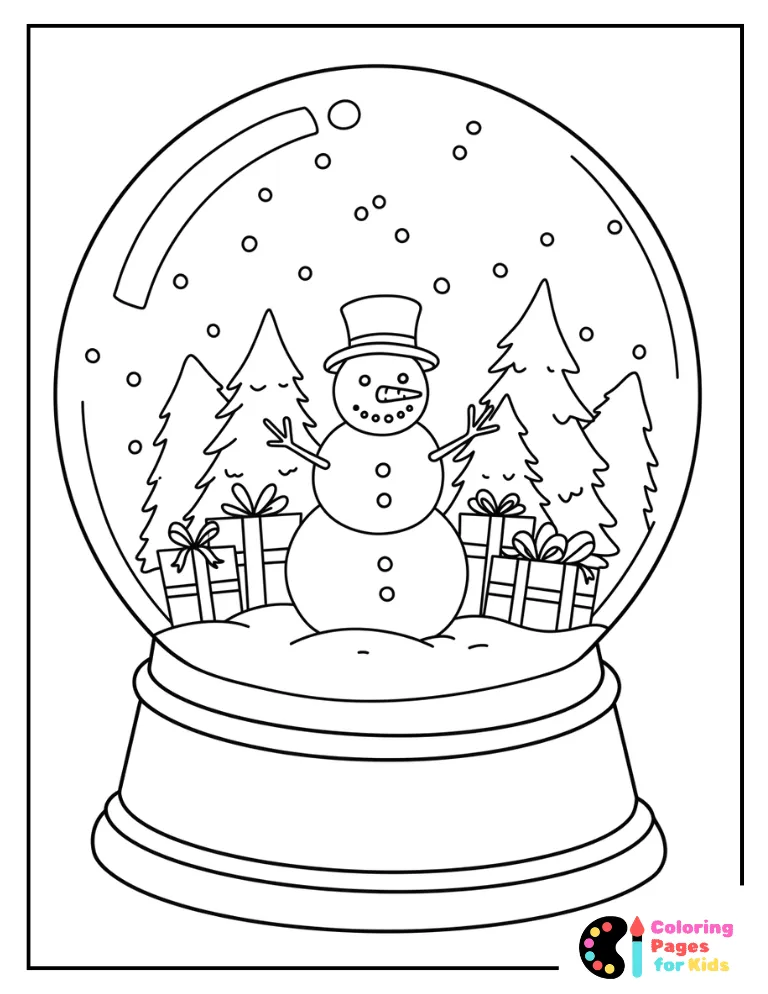 Snow Globe Coloring Pages for Kids (Free PDF Printable) 5 snowman with trees and gifts snow globe