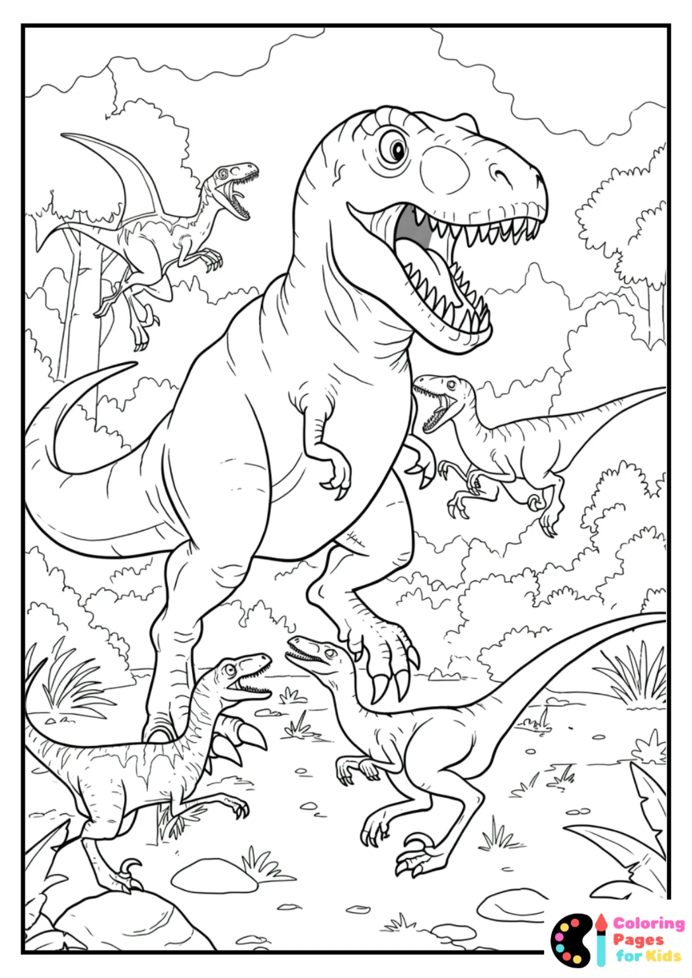 t-rex fighting velociraptors coloring page
