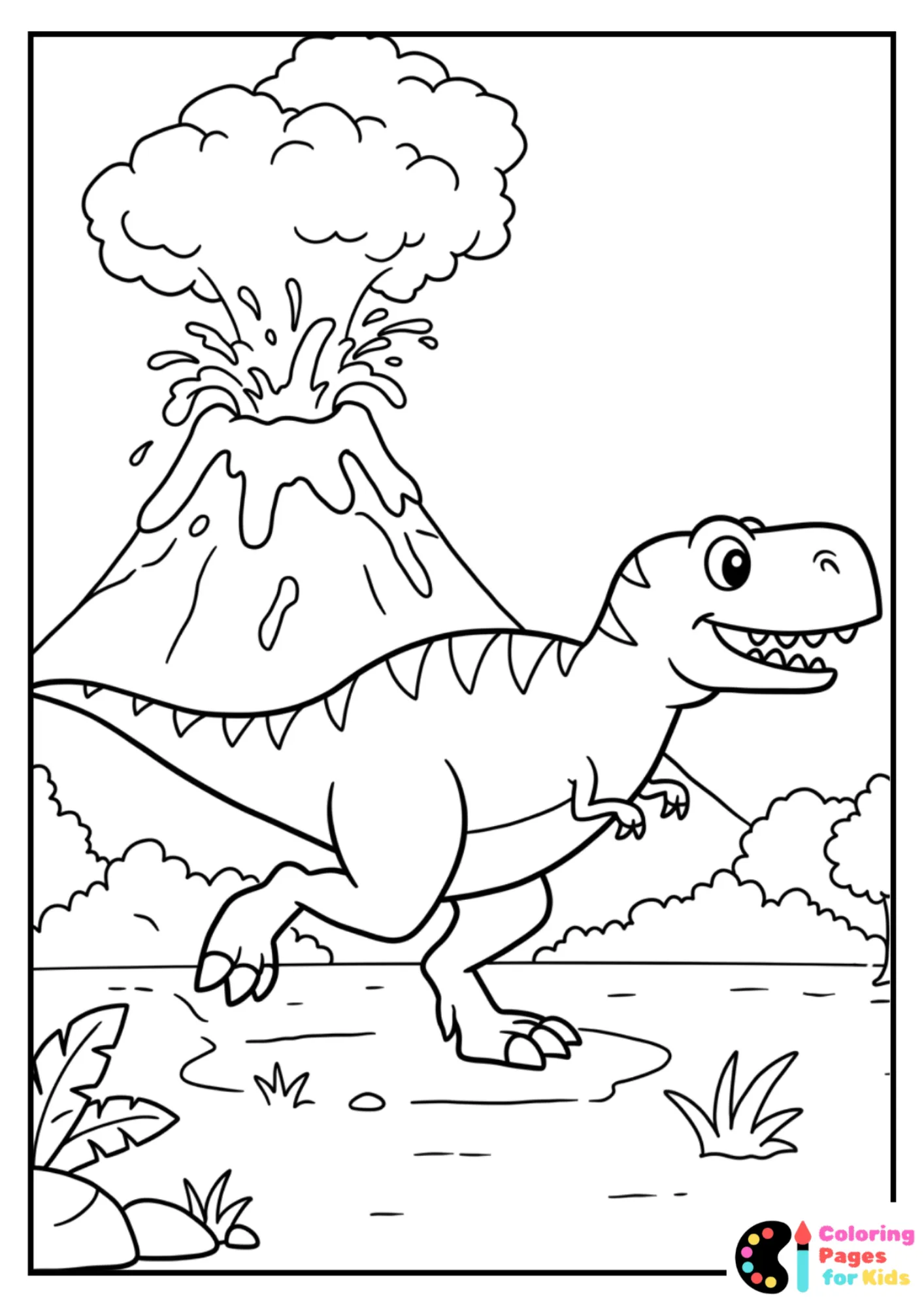 t-rex running from volcano coloring page