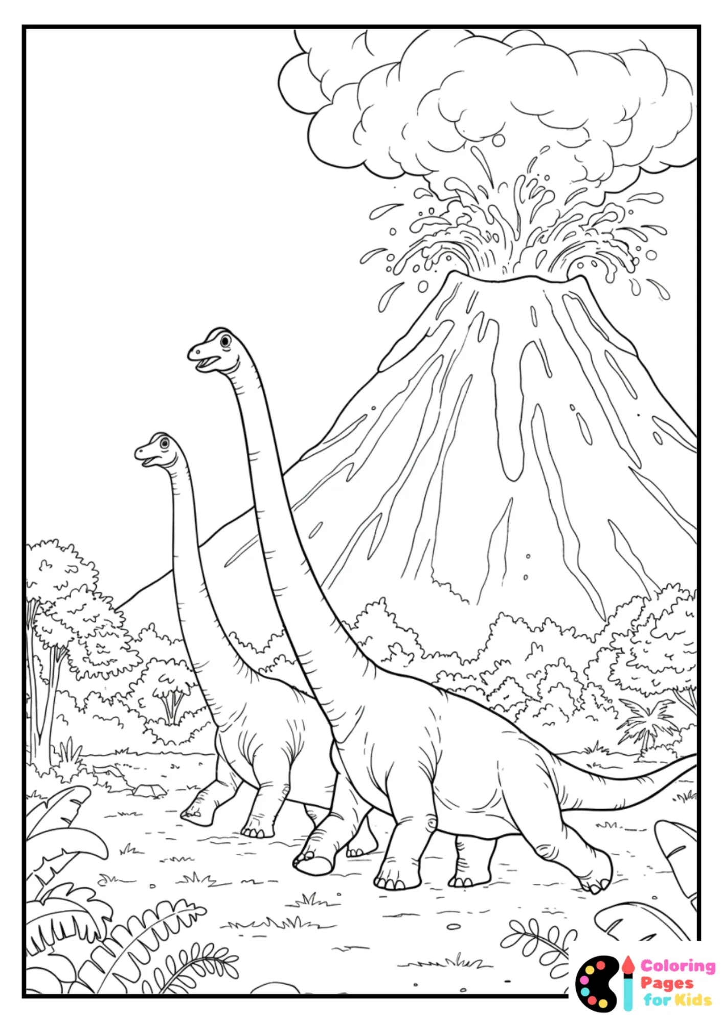 three brachiosaurus running from volcano coloring page