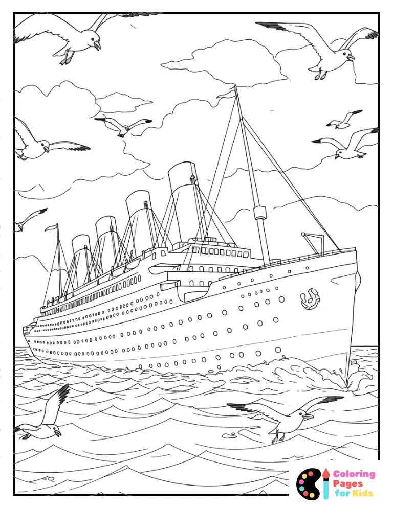titanic at sea with seagulls coloring page