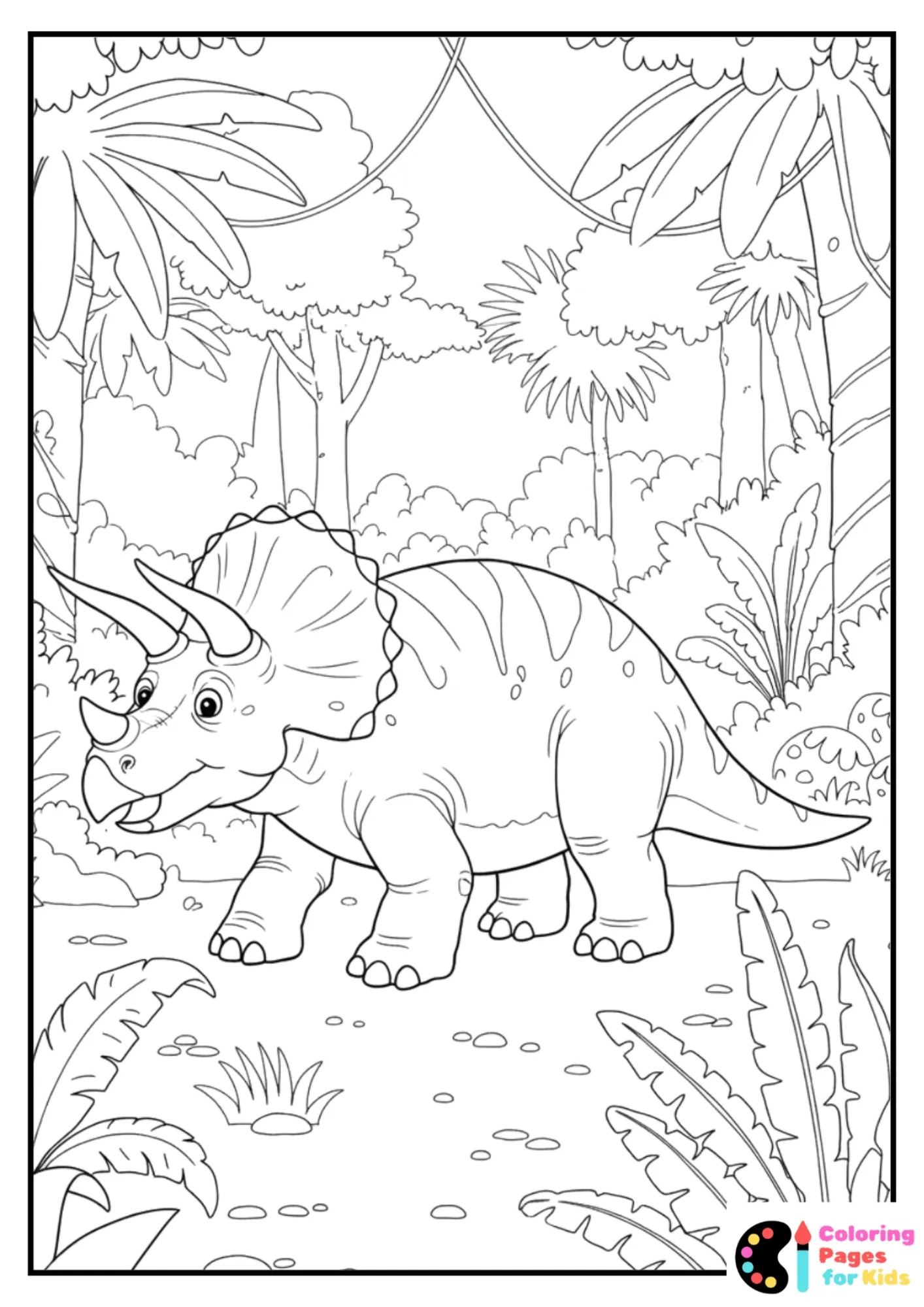 triceratops in jungle coloring page