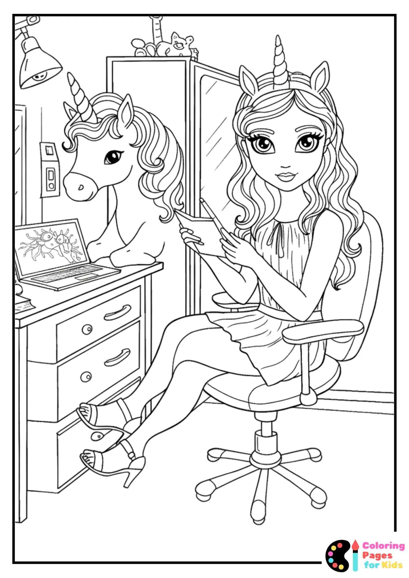 unicorn at salon coloring page