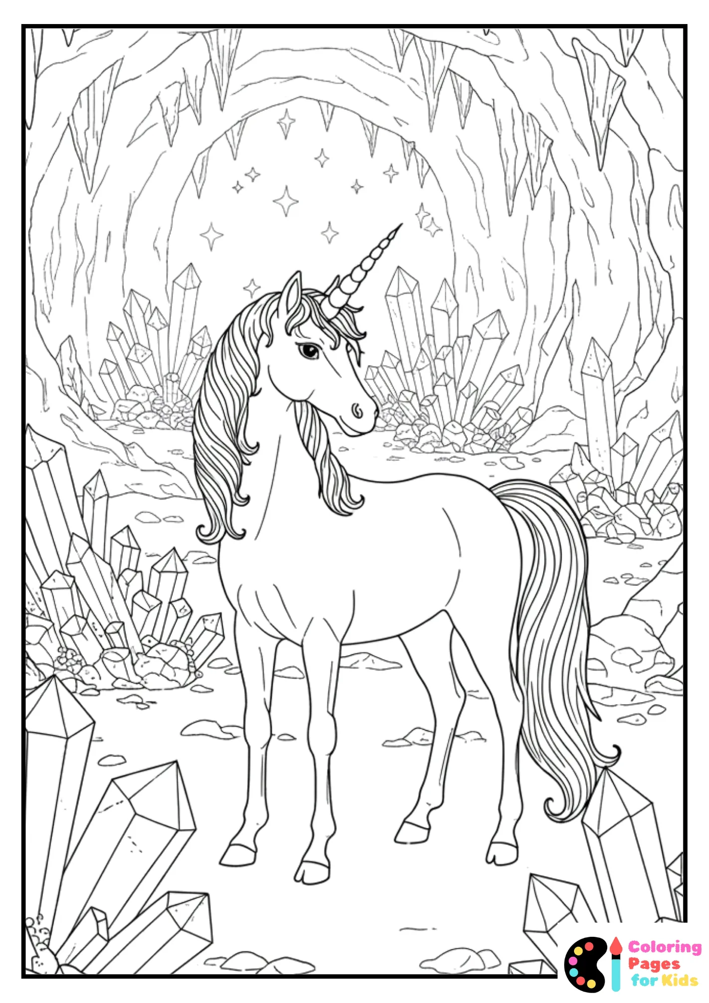 unicorn in crystal cave coloring page