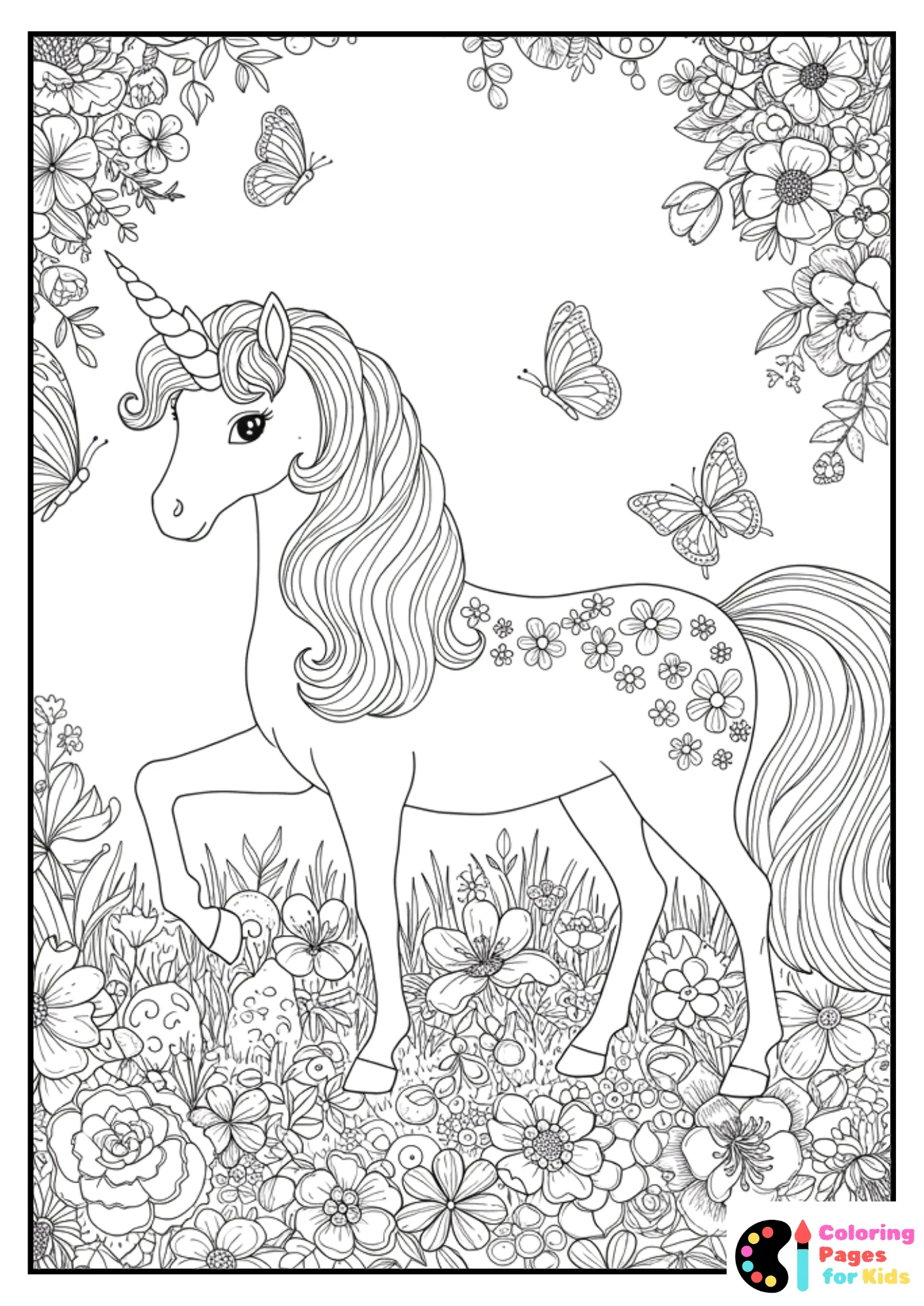 unicorn in meadow coloring page