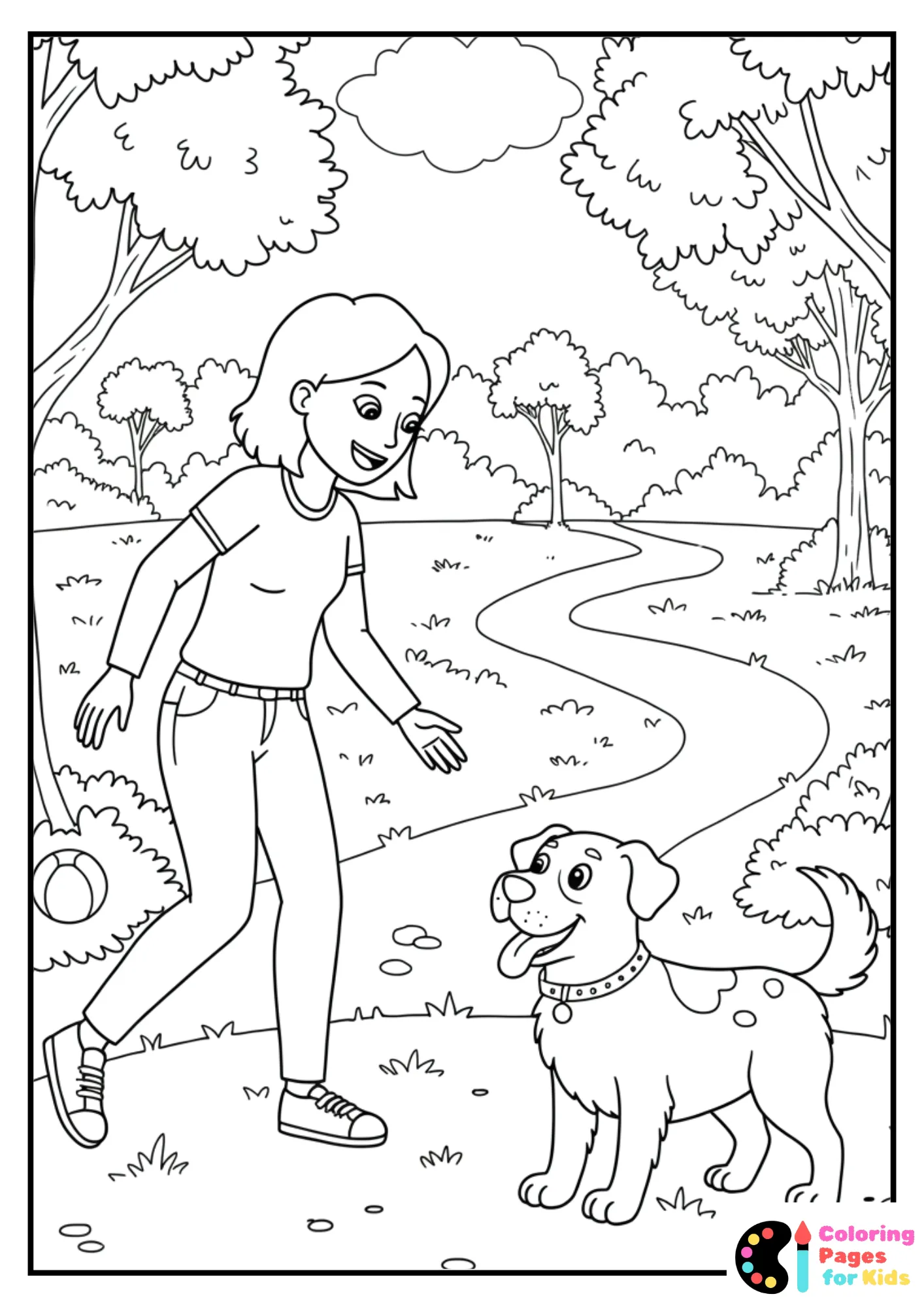woman playing with big dog coloring sheet