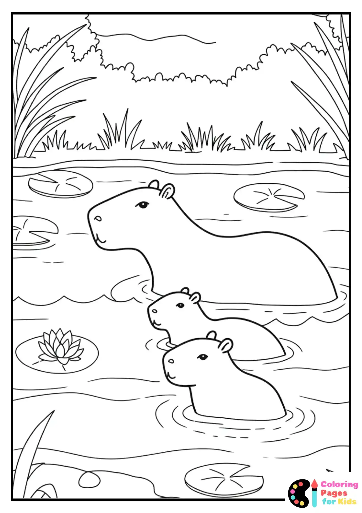 Capybara family swimming together in a pond