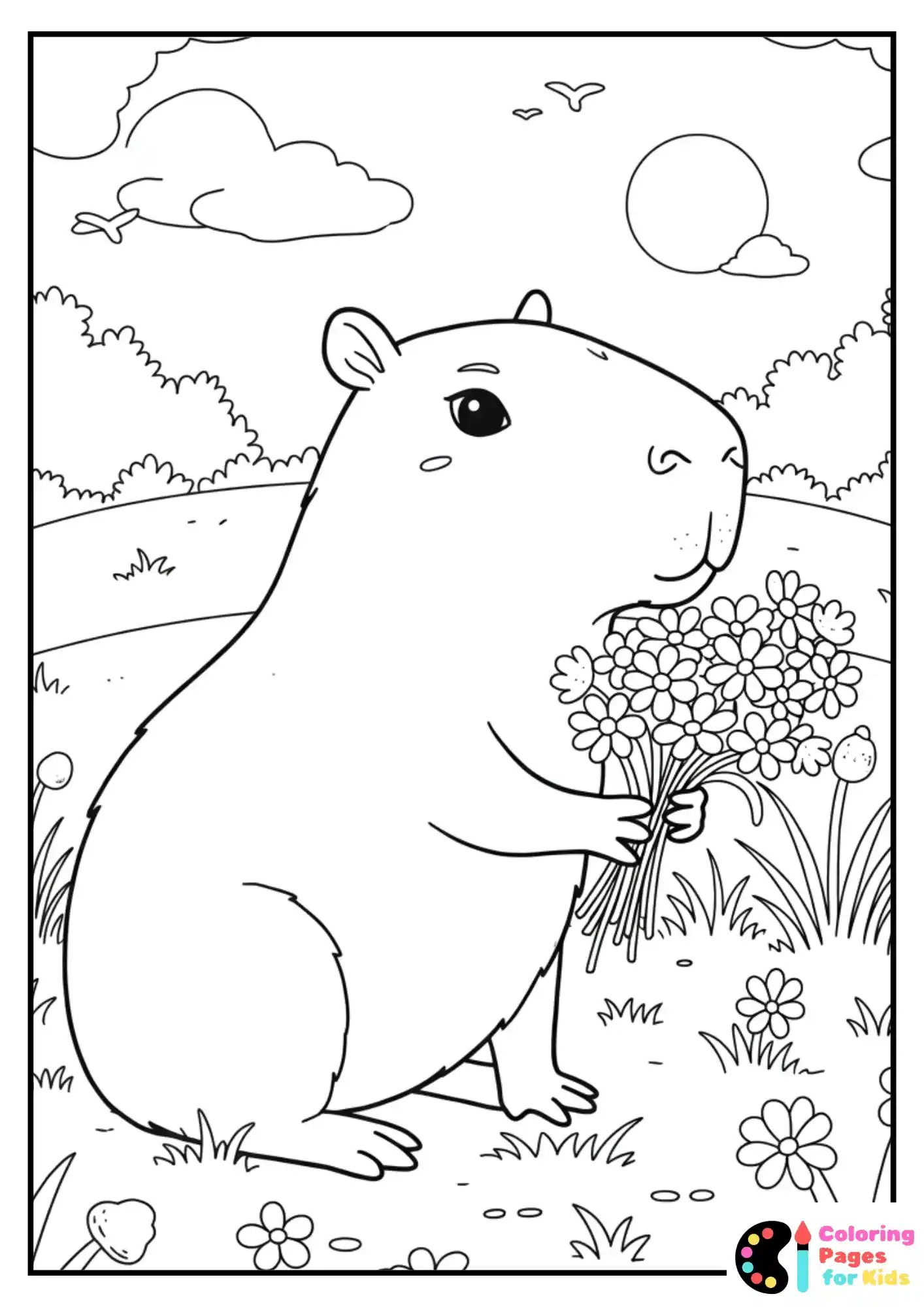 Capybara holding a flower bouquet in spring meadow