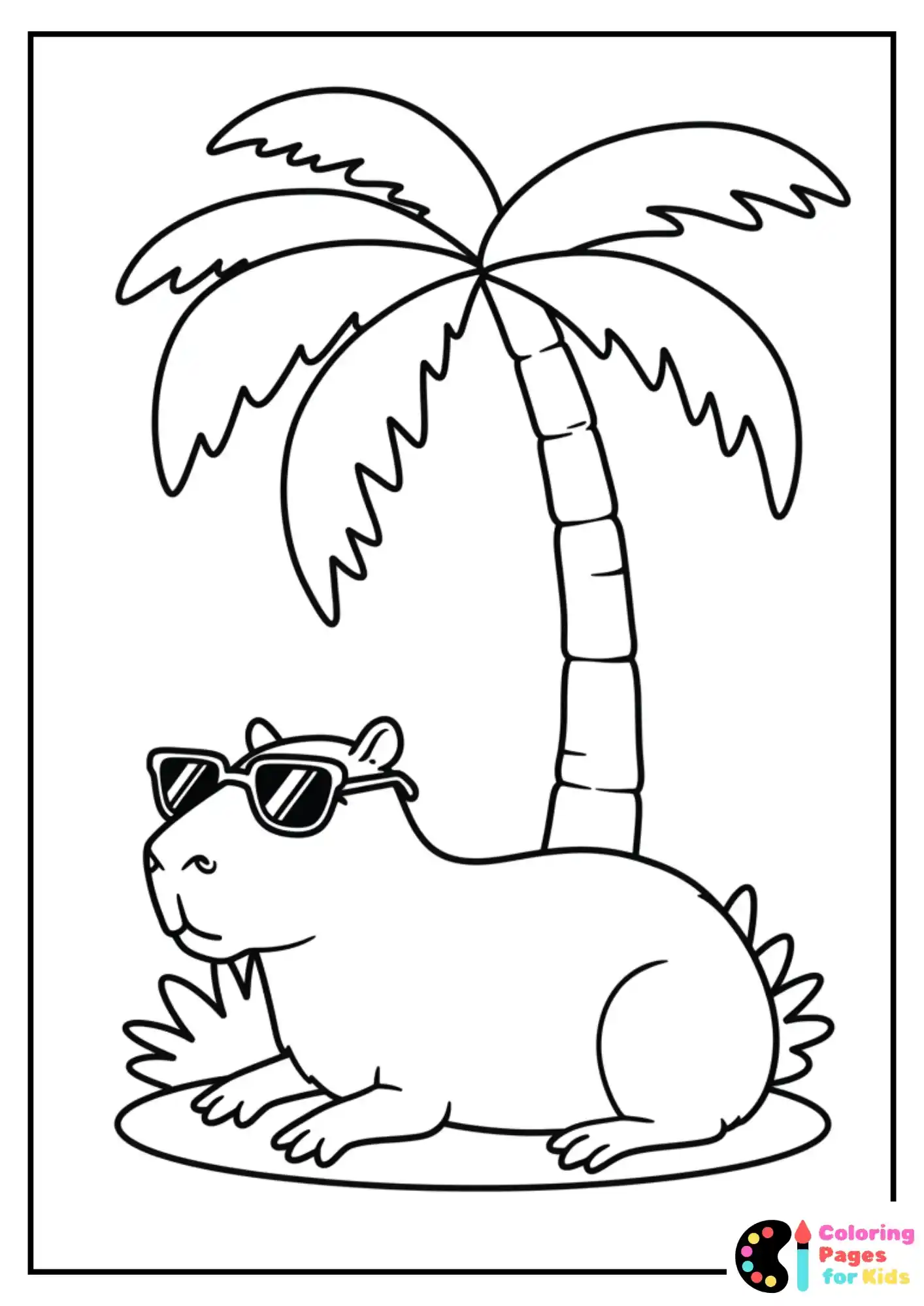 Capybara relaxing under a palm tree with sunglasses