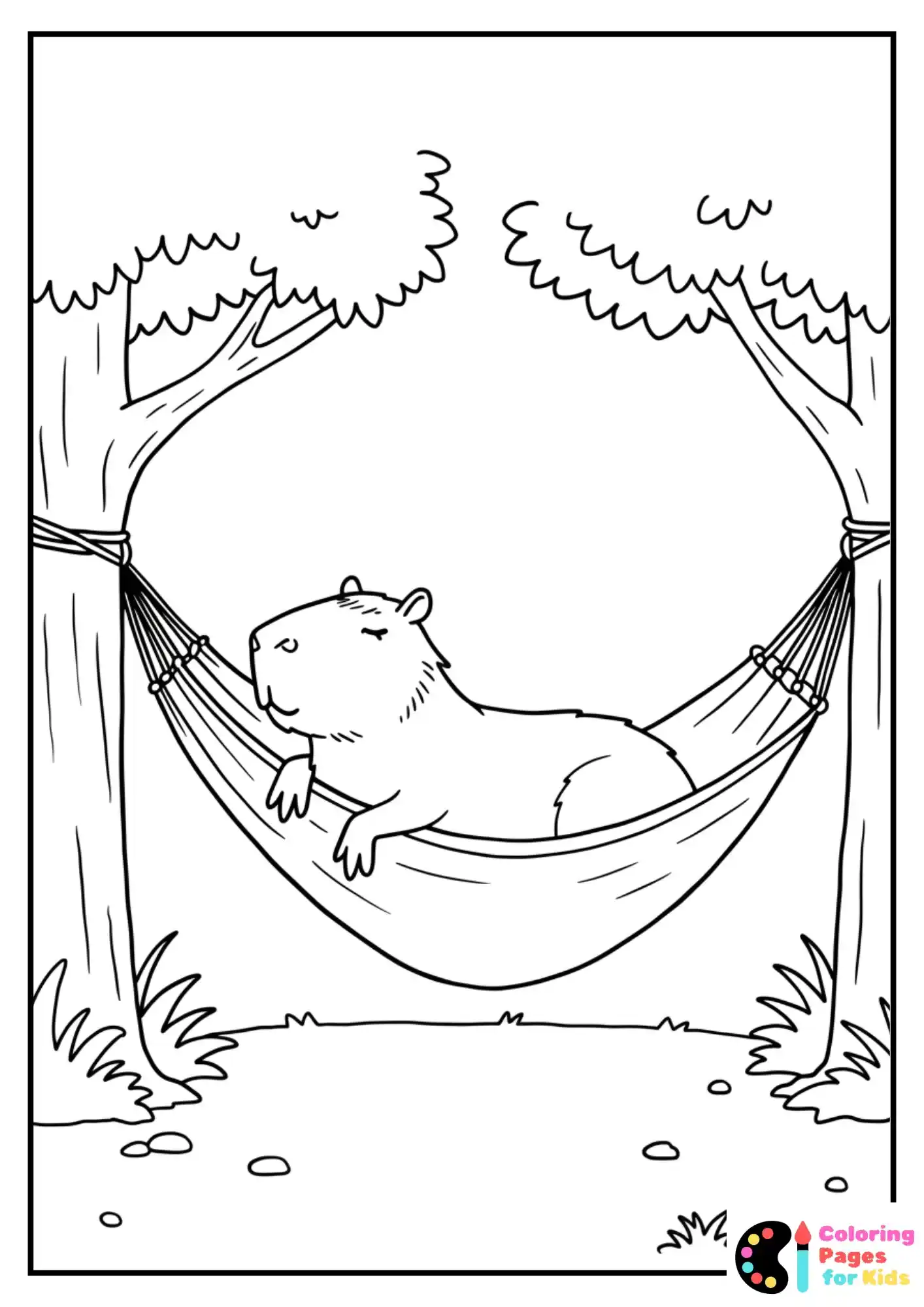 Capybara resting in a hammock between two trees