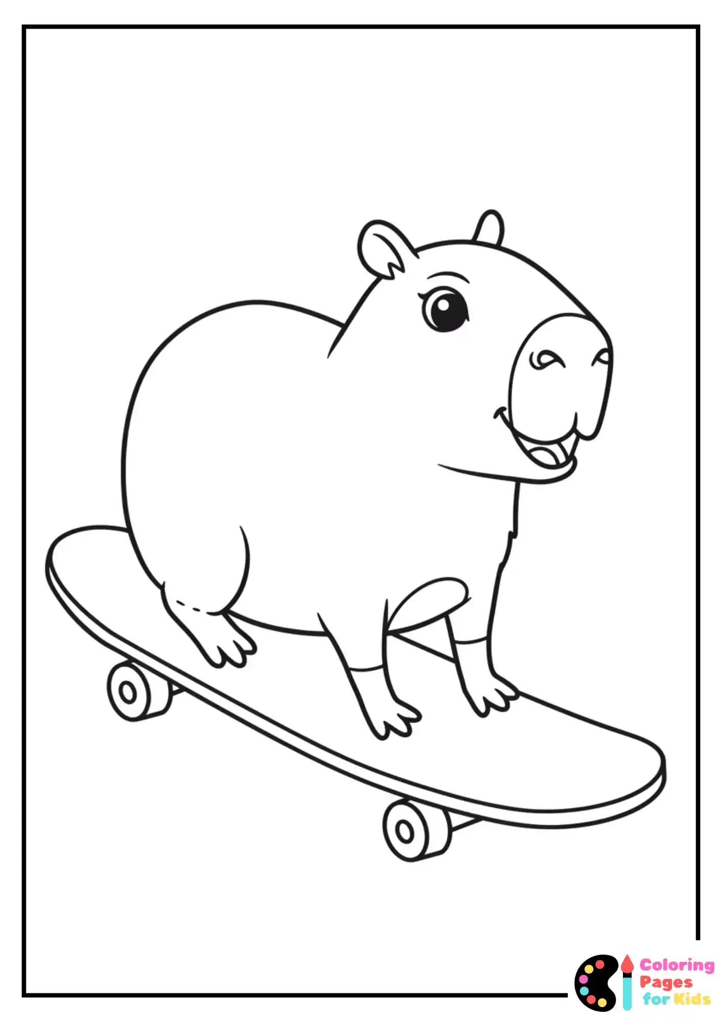 Capybara riding a skateboard with a big smile