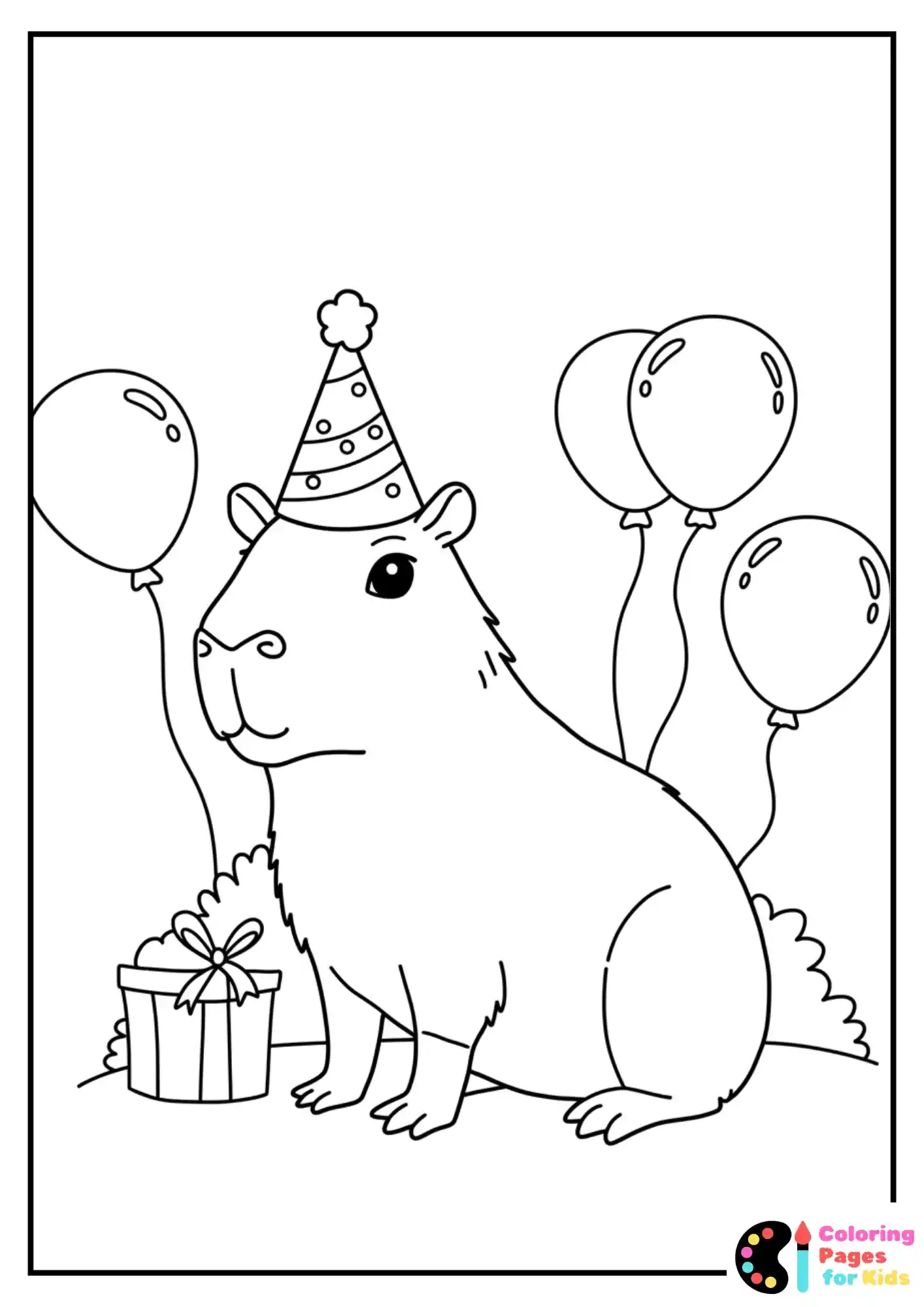Funny capybara wearing a birthday hat with balloons