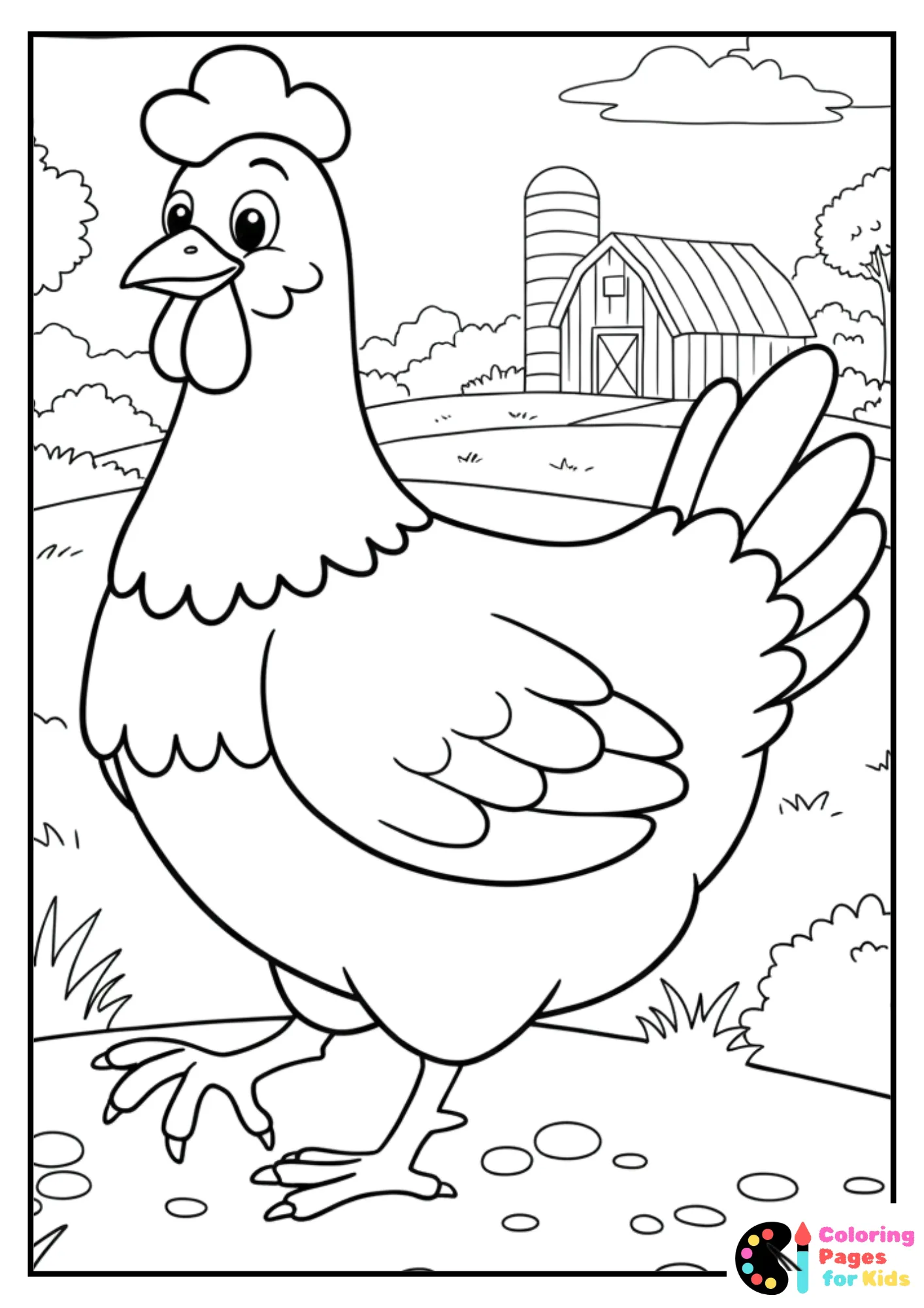 Hen in field coloring page