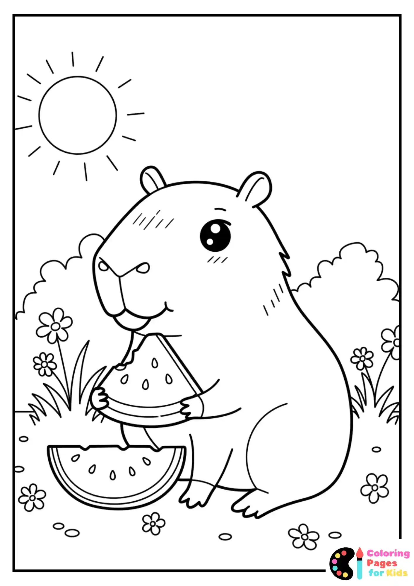 Kawaii capybara eating watermelon on a summer day