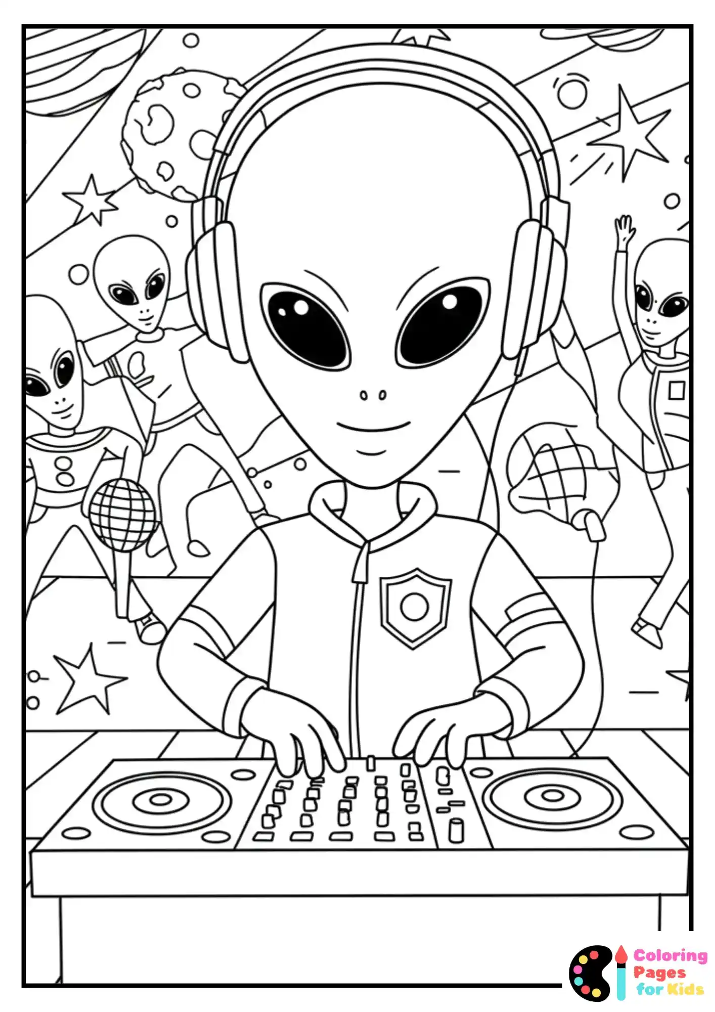 alien dj at space disco coloring sheet