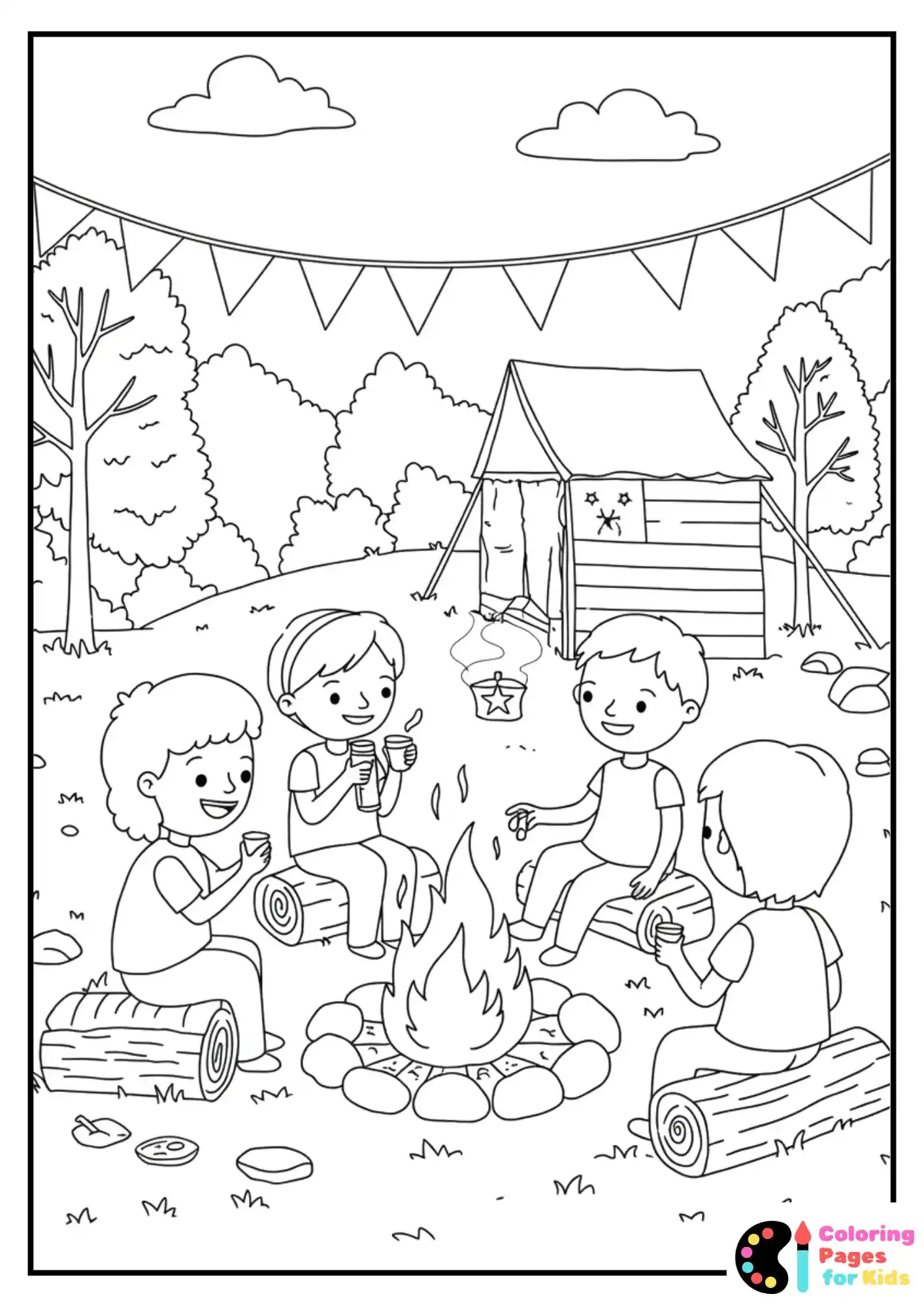 campfire gathering independence day coloring page