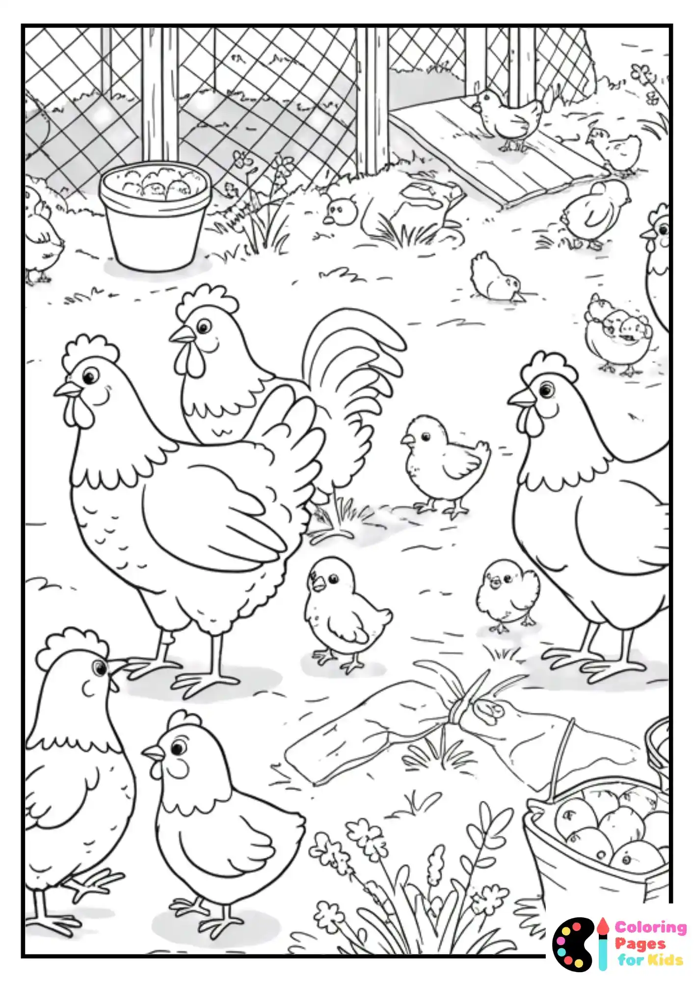 chicken coop with hens coloring page for preschoolers