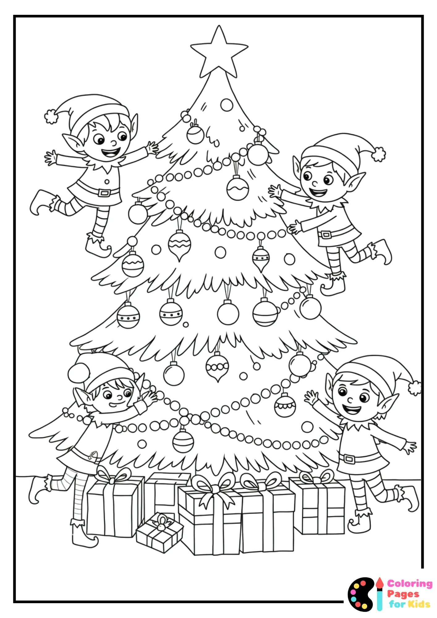 christmas tree with elves coloring page