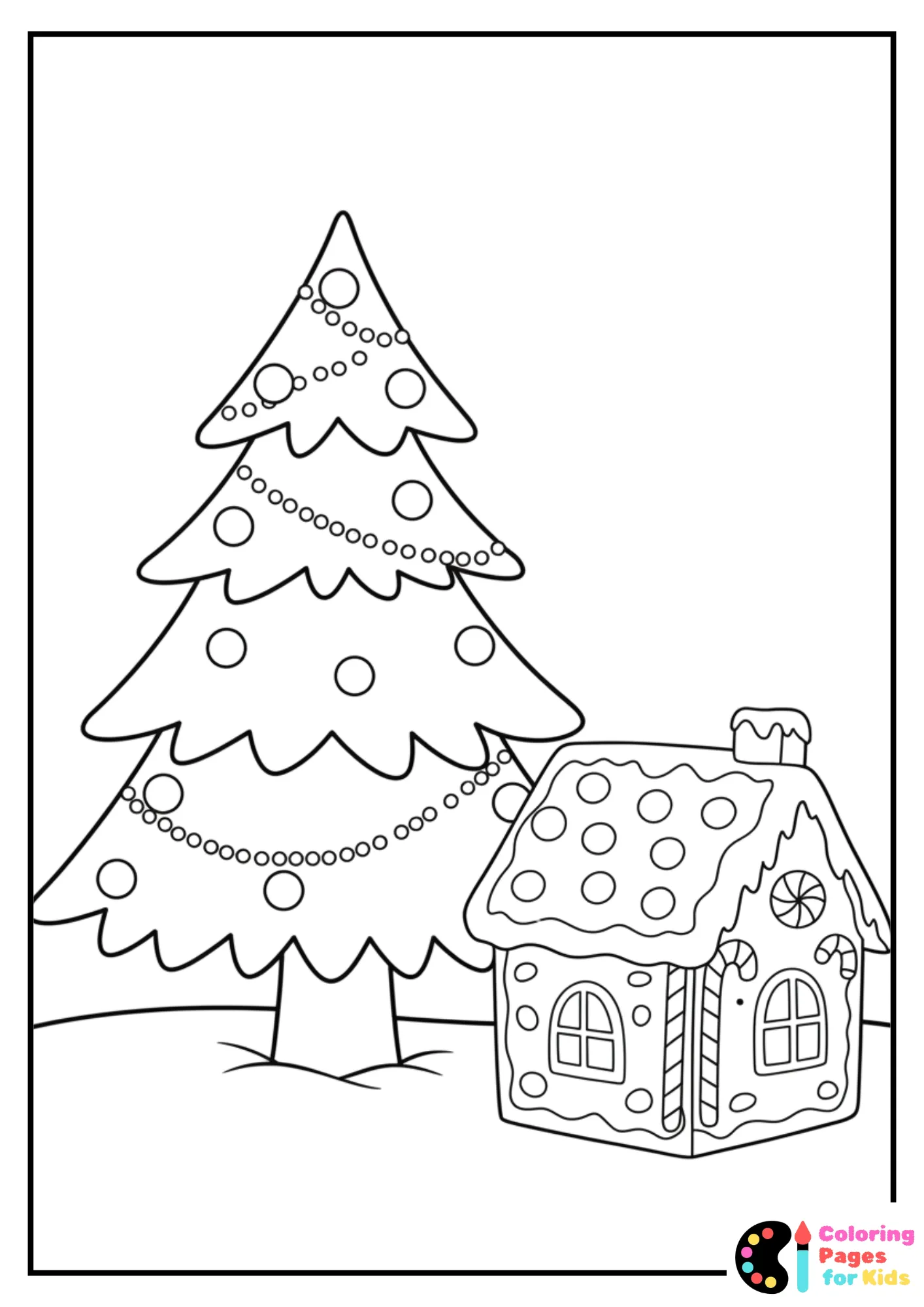 christmas tree with gingerbread house coloring page