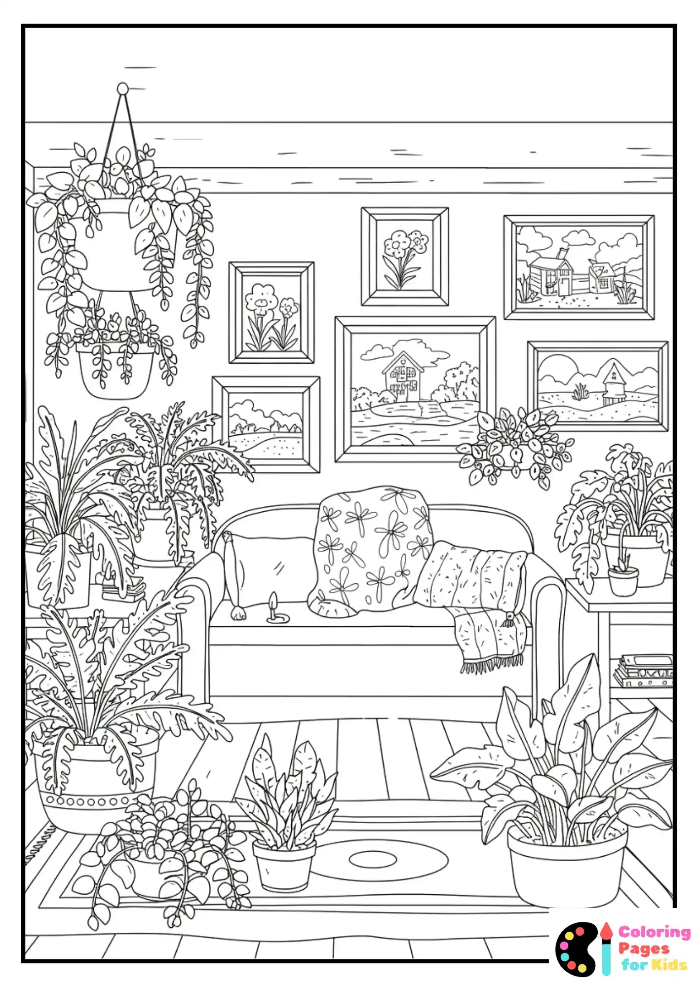 cottagecore living room view coloring page