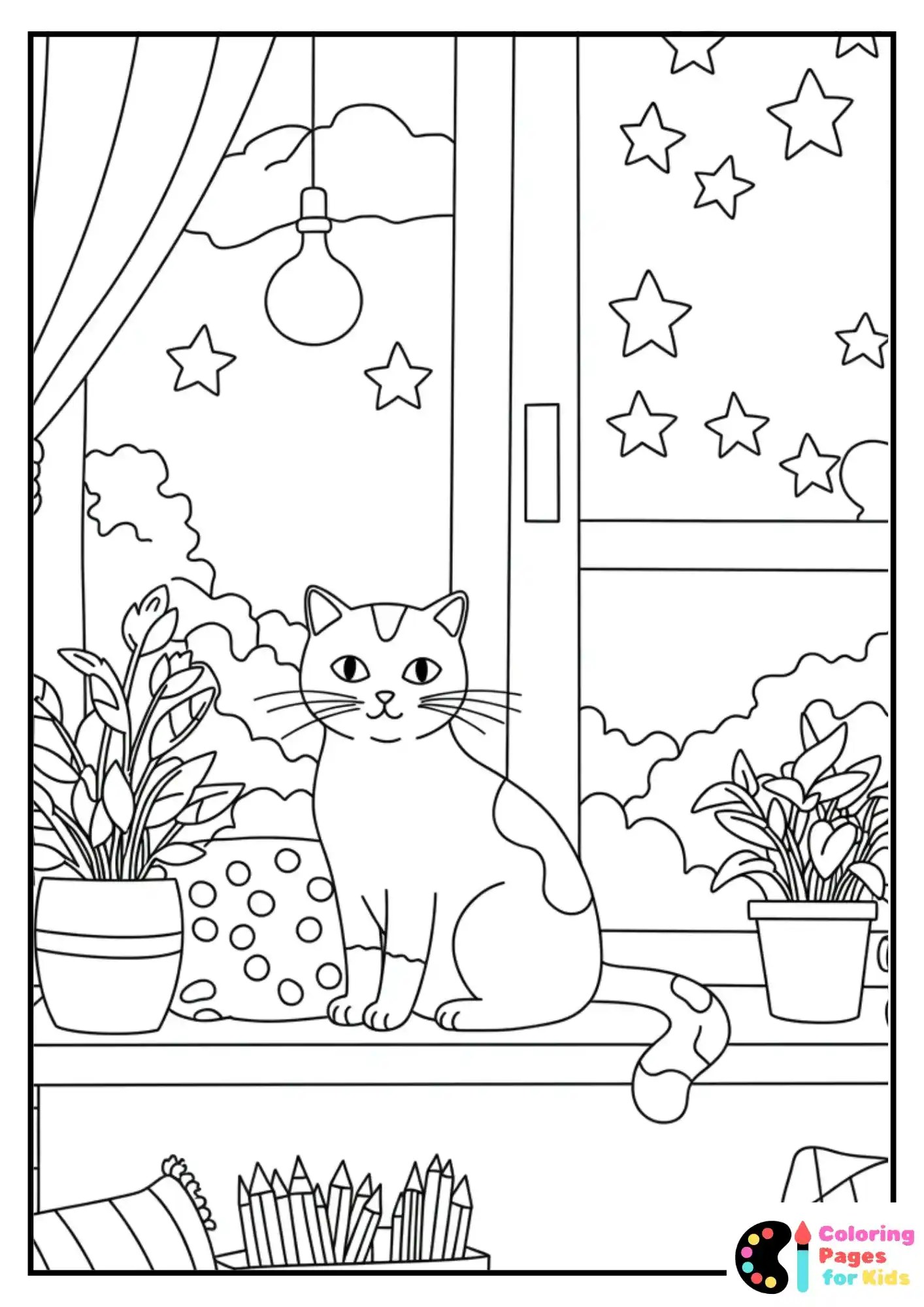 cozy cat on windowsill coloring sheet