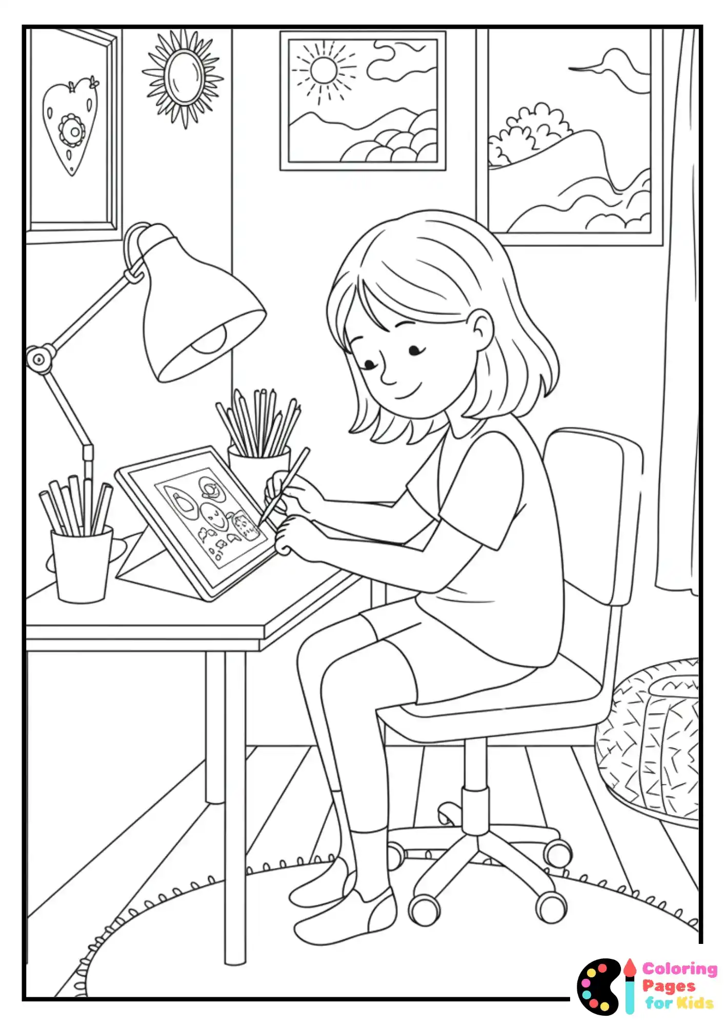 cozy tablet drawing girl coloring sheet