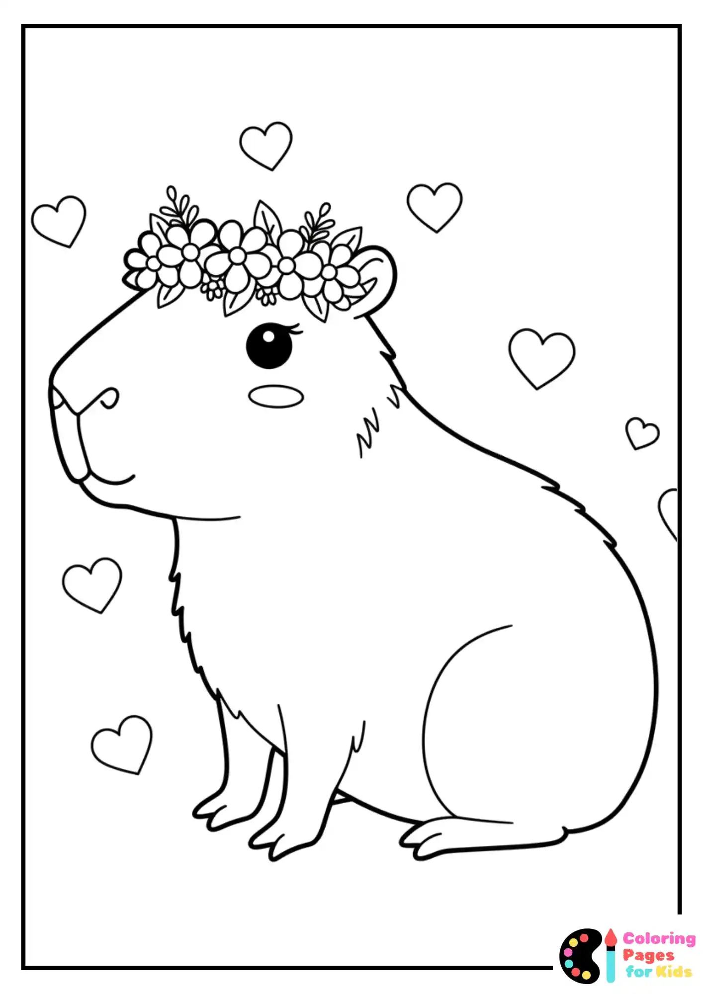 cute capybara flower crown coloring page