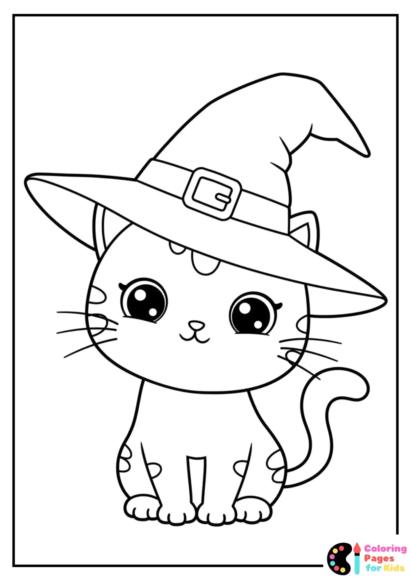 cute cat in witch hat coloring page for kids