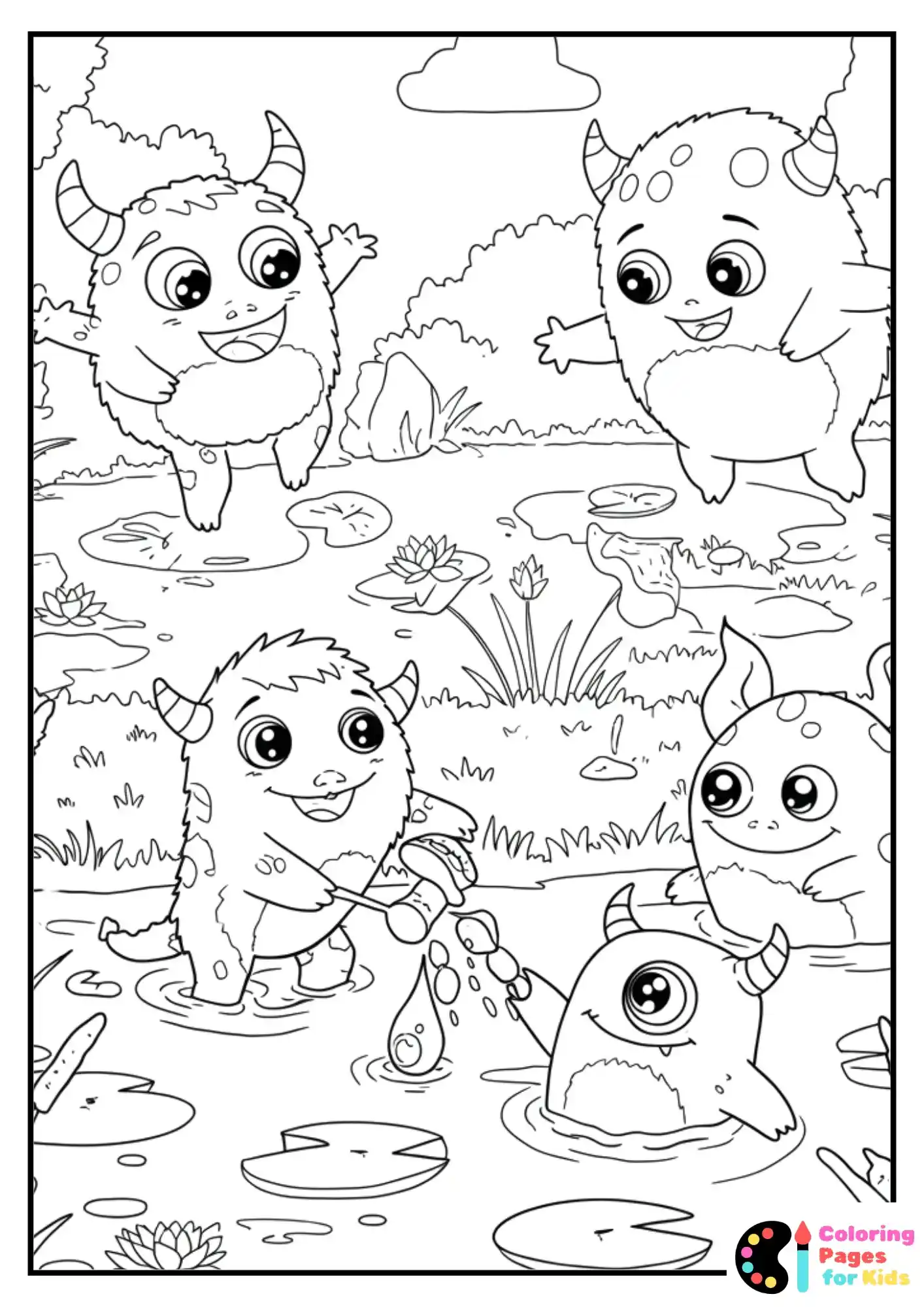 cute pond monsters coloring sheet