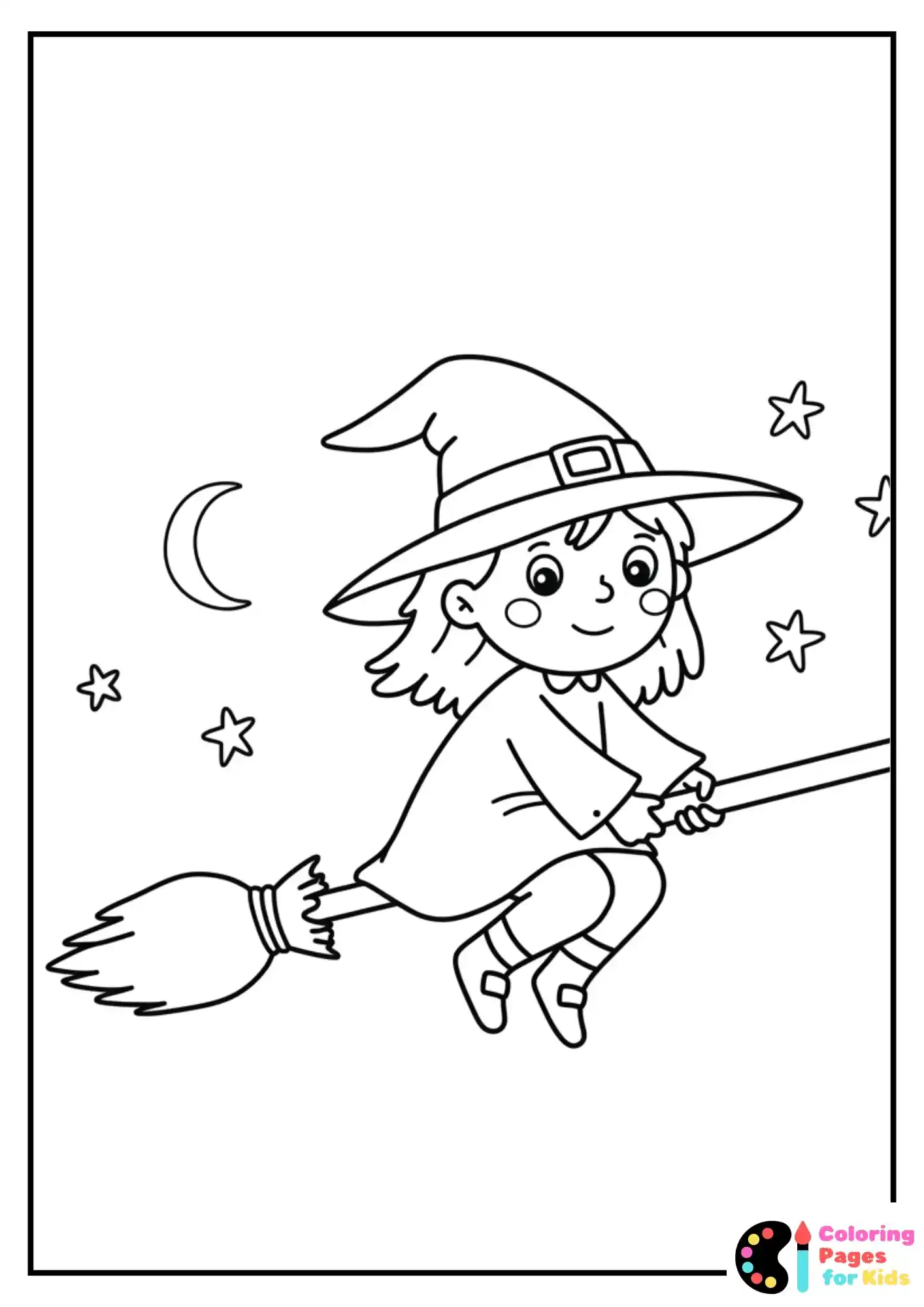 easy witch on broomstick coloring sheet for kids