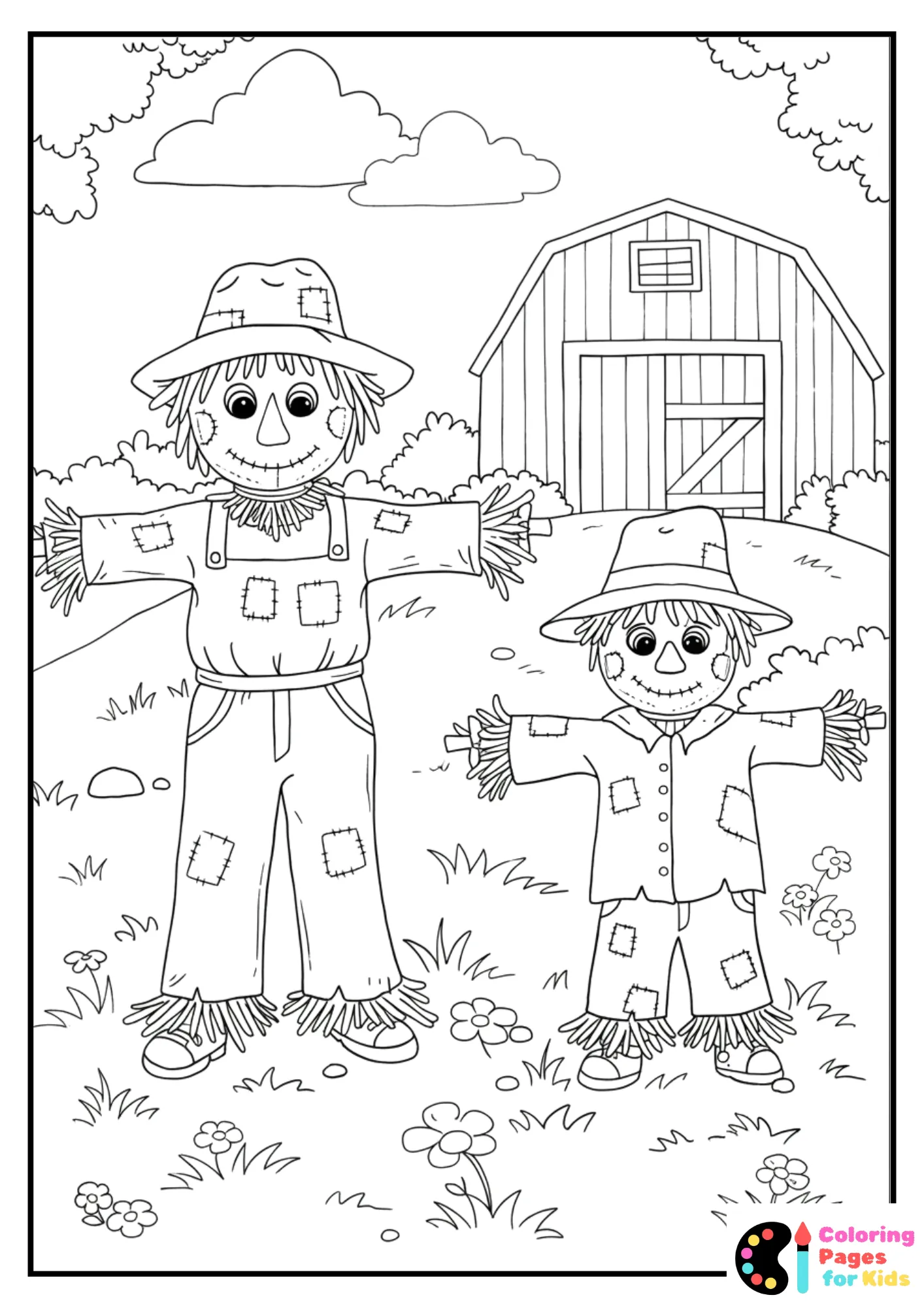 farm animals with scarecrow coloring page