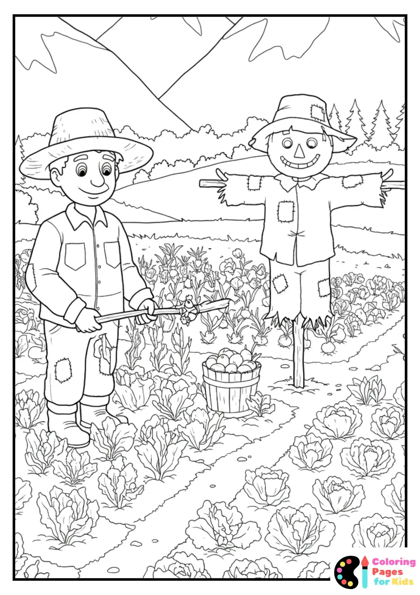 farmer with vegetable garden coloring sheet